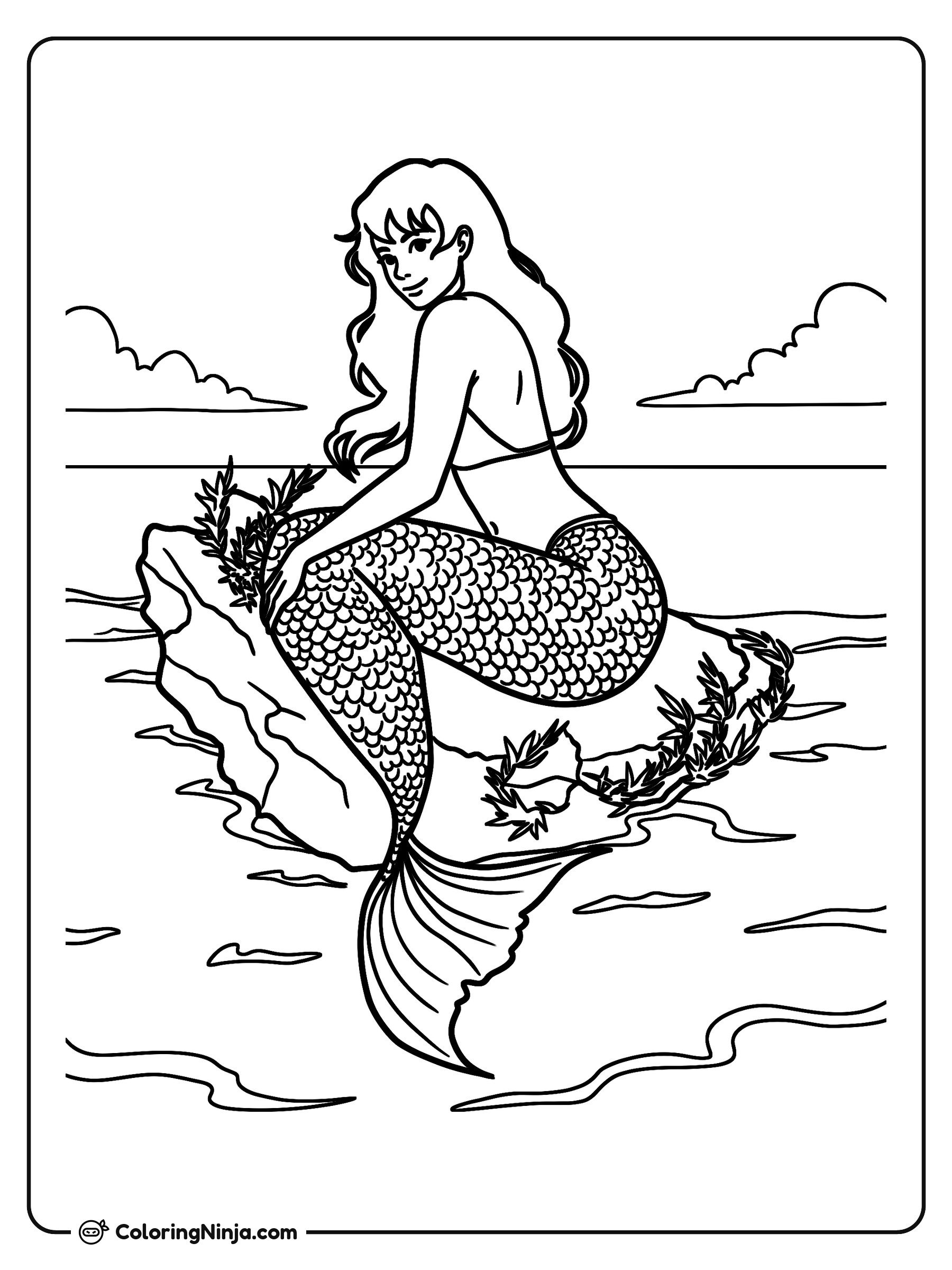 Sirena descansando sobre una roca: dibujo para colorear