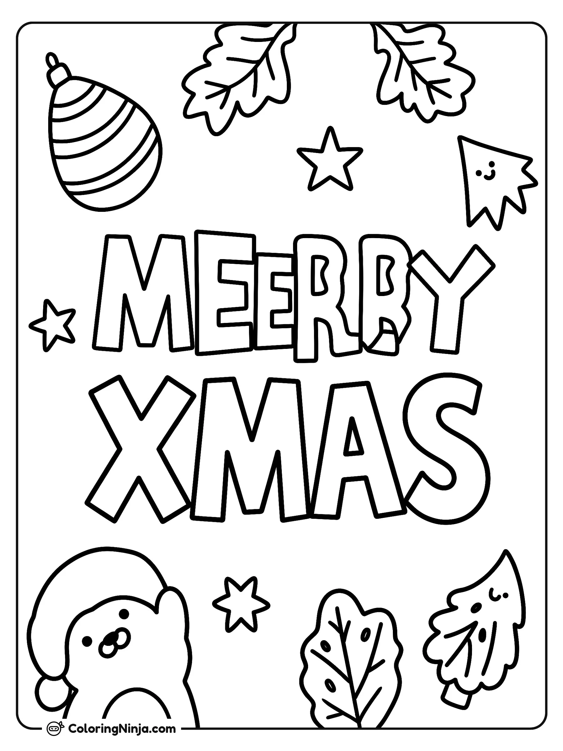 MERRY XMAS with Cute Holiday Doodles Coloring Page: This coloring page features the text "MERRY XMAS" written in large letters. Children can color the bold word design to create a simple seasonal activity.