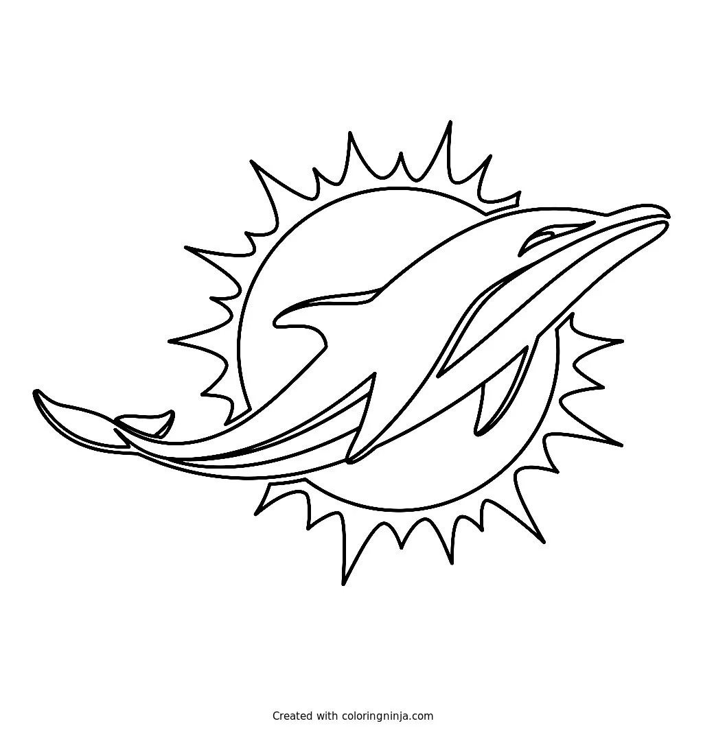 Logo de los Miami Dolphins, dibujo para colorear: Esta ilustración muestra el logo oficial de los Miami Dolphins, con un estilizado delfín saltando frente a un radiante sol.