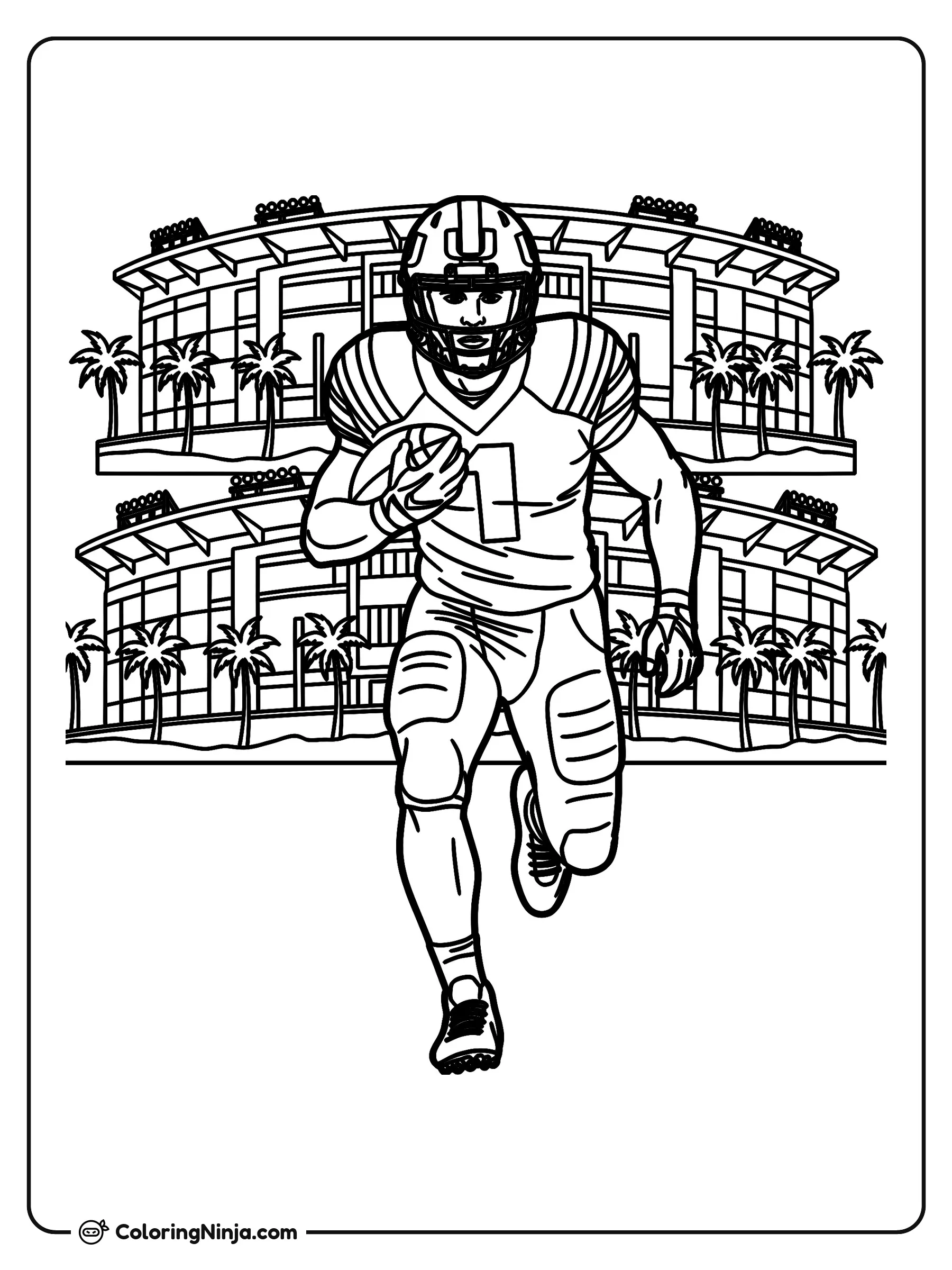 Jugador de fútbol americano de Miami Hurricanes corriendo, dibujo para colorear: Un jugador de fútbol americano de los Miami Hurricanes corre con el balón mientras lleva puesto su casco y uniforme completo.