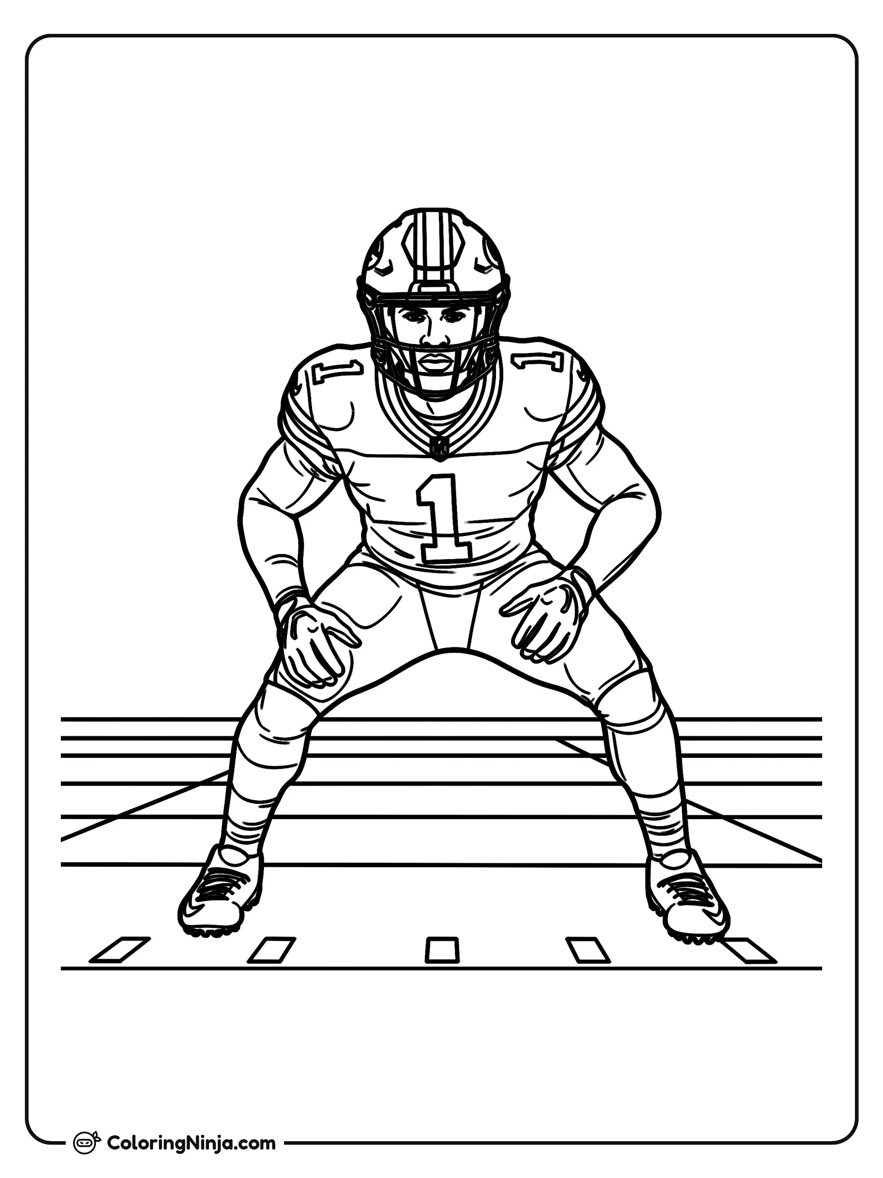 Postura de juego de Micah Parsons, dibujo para colorear: Micah Parsons muestra una postura atlética baja y concentrada sobre el campo de fútbol americano. Lleva su uniforme completo con casco, jersey acojinado, guantes y tacos.