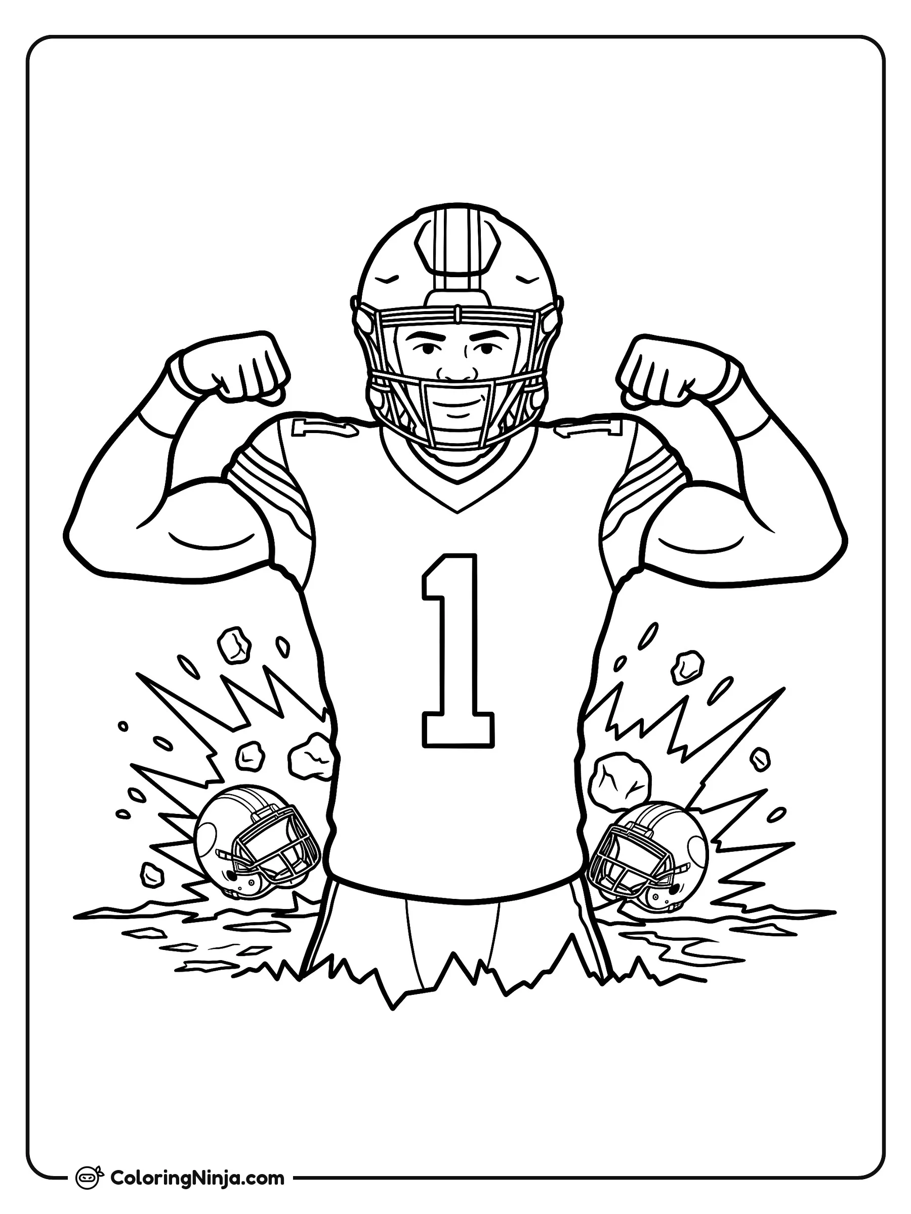 Micah Parsons presumiendo sus músculos, dibujo para colorear: El jugador de fútbol americano Micah Parsons luce su casco y el jersey número 1 mientras flexiona los brazos para celebrar.