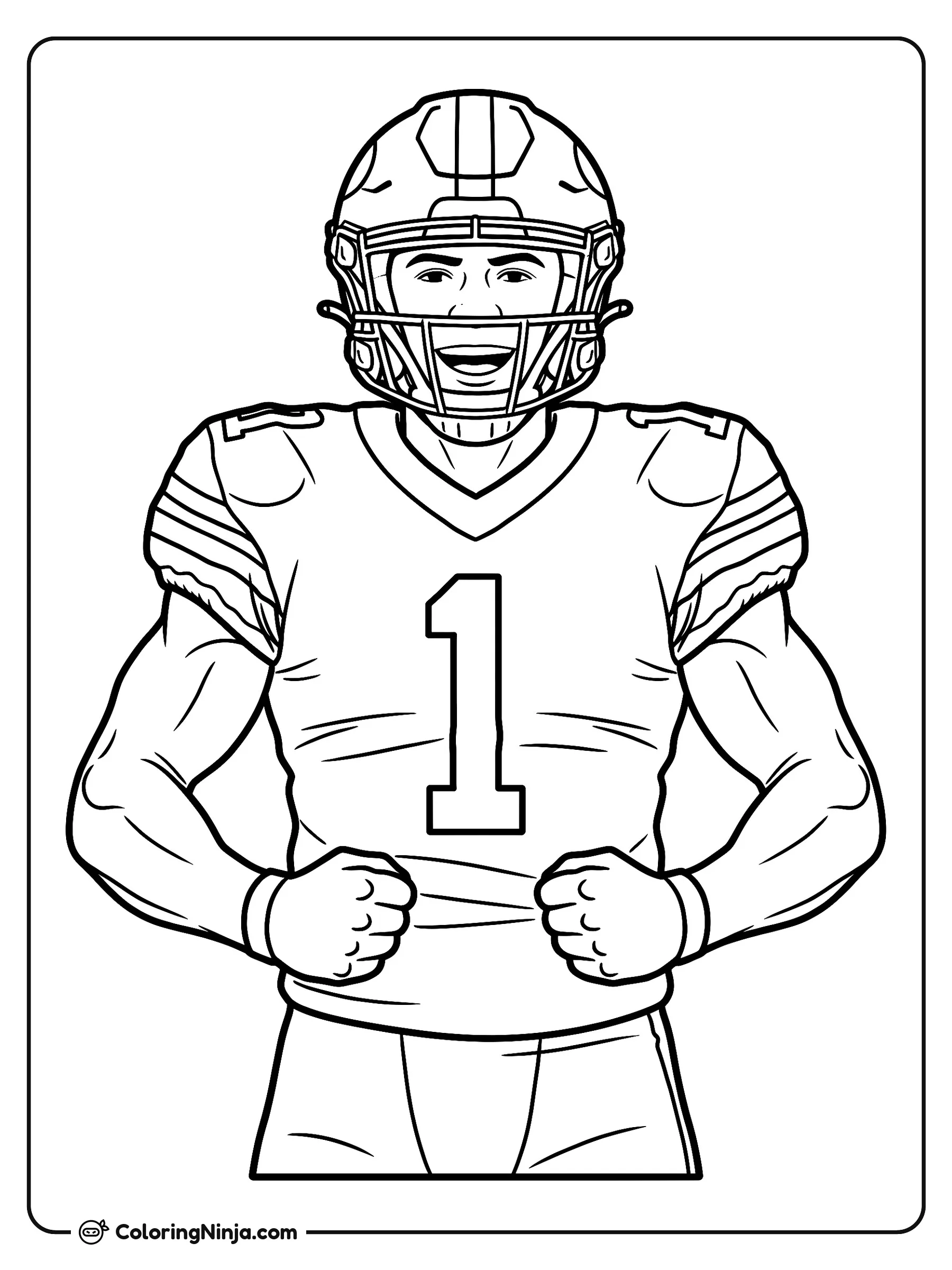 Micah Parsons celebrando una gran victoria, dibujo para colorear: Micah Parsons posa con orgullo usando su uniforme completo de fútbol americano y flexionando sus brazos para festejar un triunfo. Porta su casco y un jersey con el número uno en el frente.