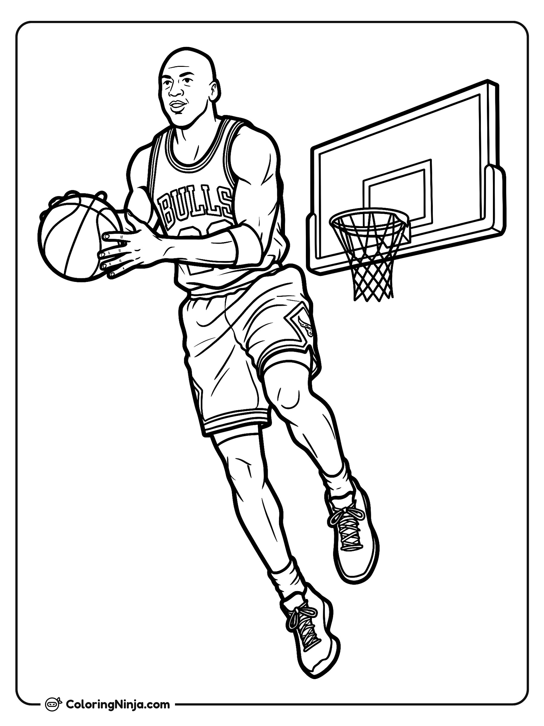Michael Jordan saltando hacia la canasta: dibujo para colorear