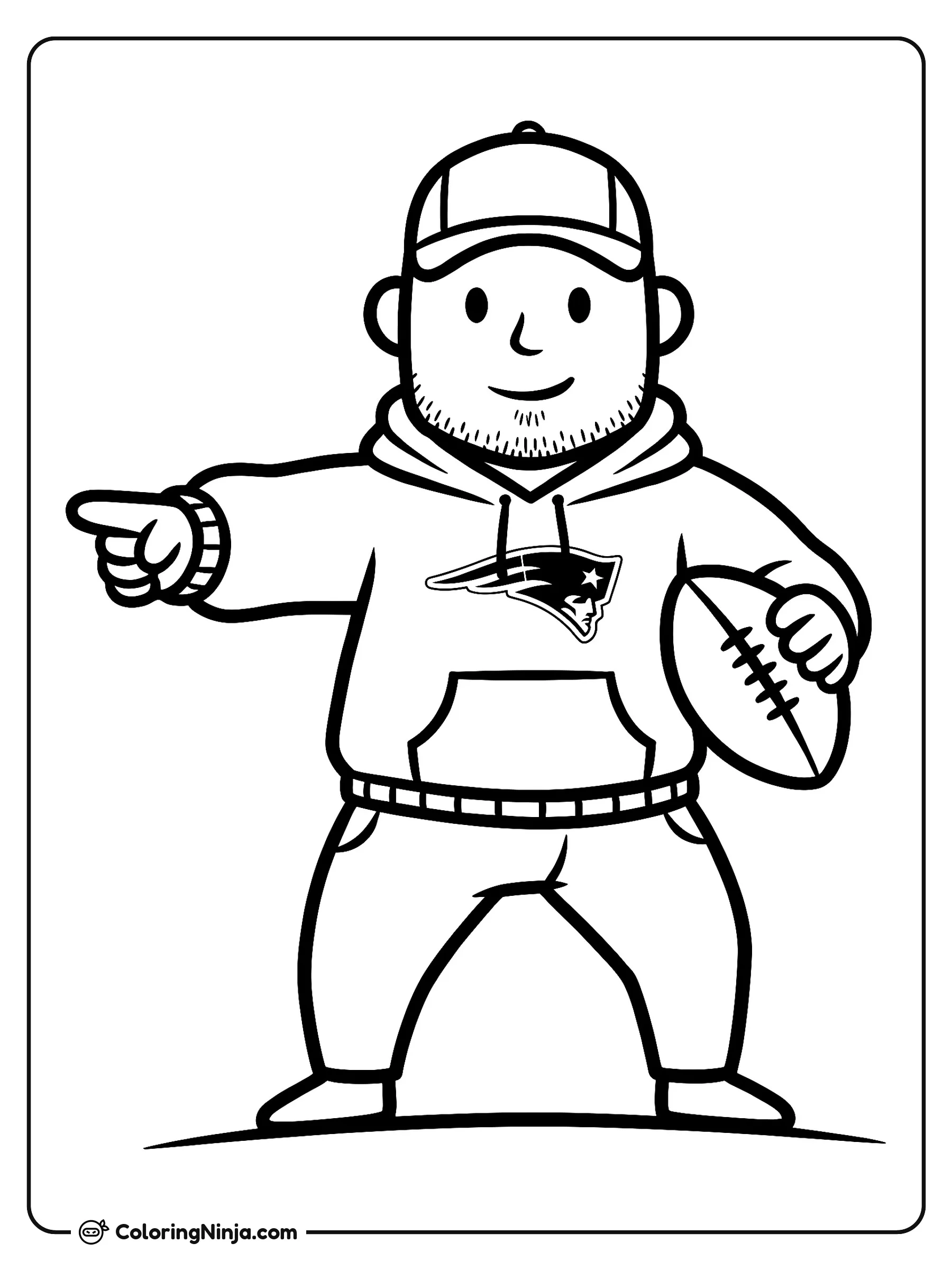 Mike Vrabel Entrenador de los New England Patriots, dibujo para colorear: Mike Vrabel, entrenador de los New England Patriots, está listo en el campo con su gorra y una sudadera con el logotipo del equipo.