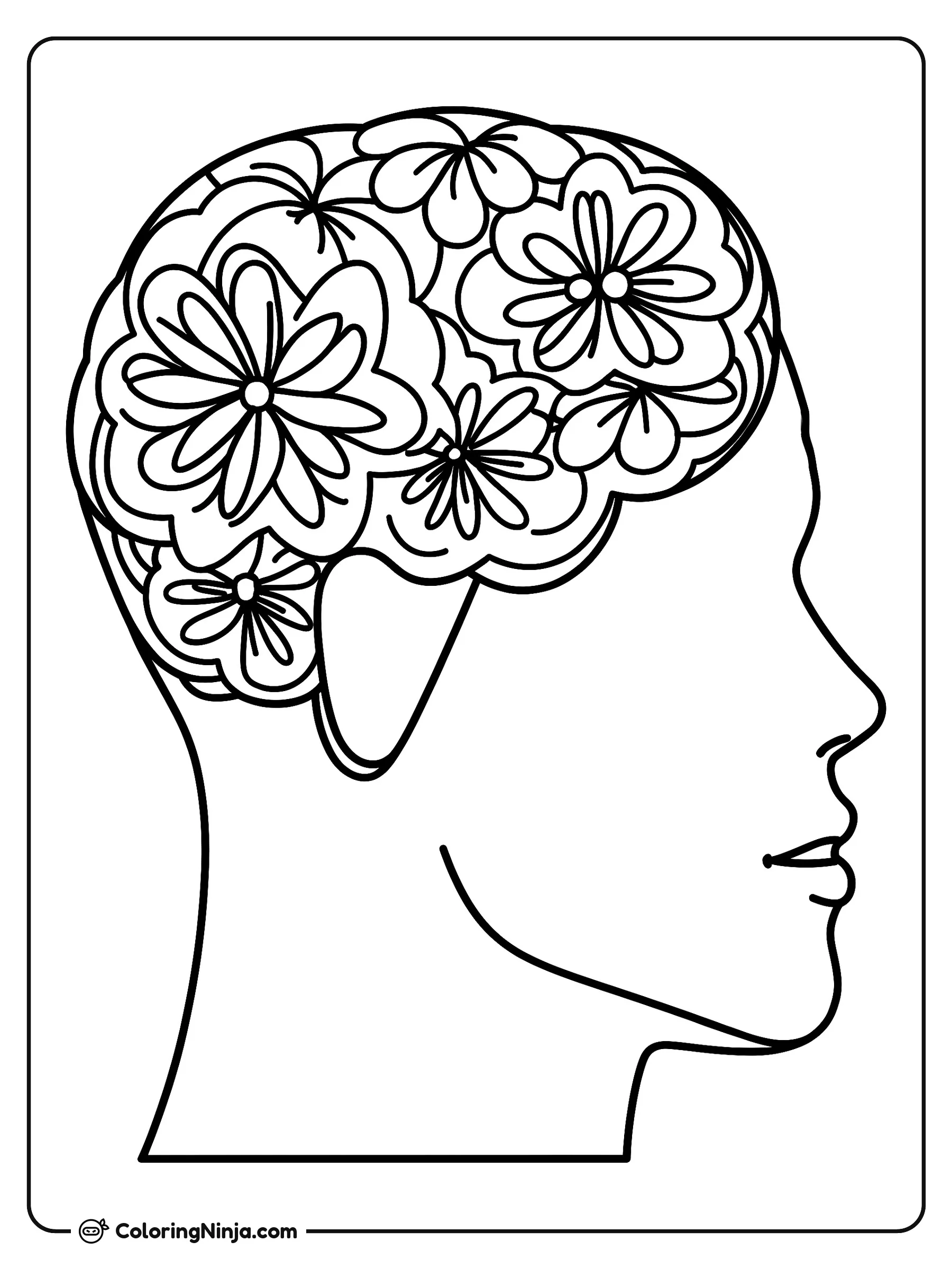 Perfil de Cabeza con Cerebro Floral Minimalista, dibujo para colorear: Un perfil lateral de una persona muestra un cerebro formado por flores brillantes y patrones botánicos.