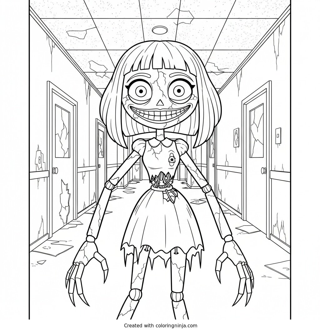 Coloring page of Miss Delight with a broken creepy smile in a dark hallway