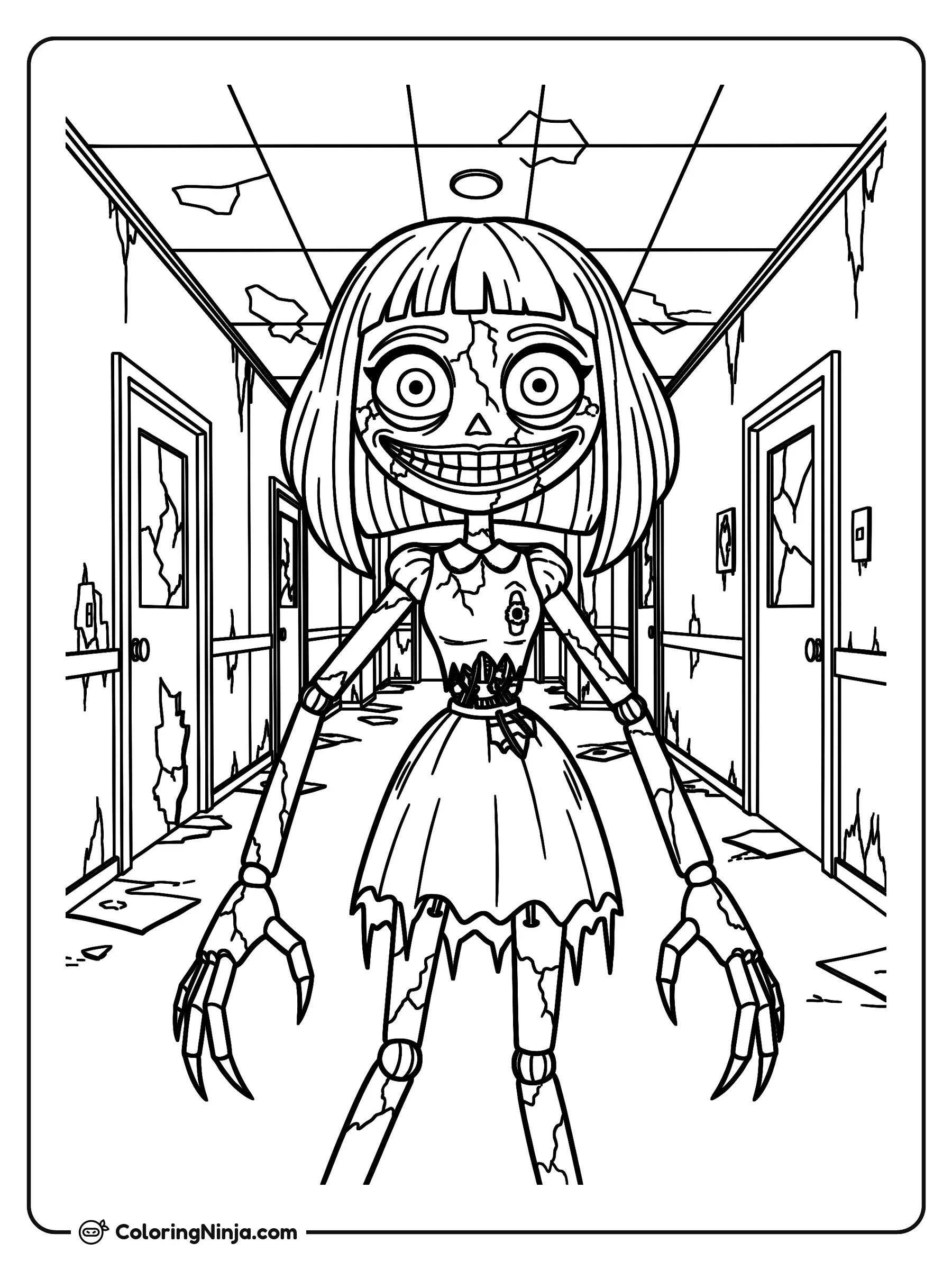 Miss Delight en el pasillo, dibujo para colorear: Miss Delight se encuentra en el centro de un largo pasillo deteriorado con puertas rotas y escombros.
