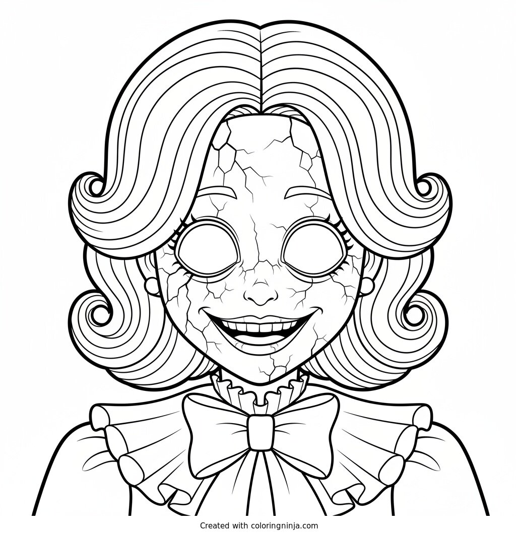 Coloring page of Miss Delight close-up with a cracked porcelain face