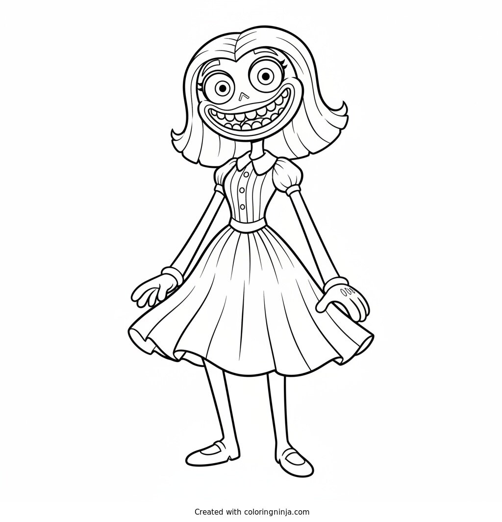Coloring page of Miss Delight full body wearing her pleated dress