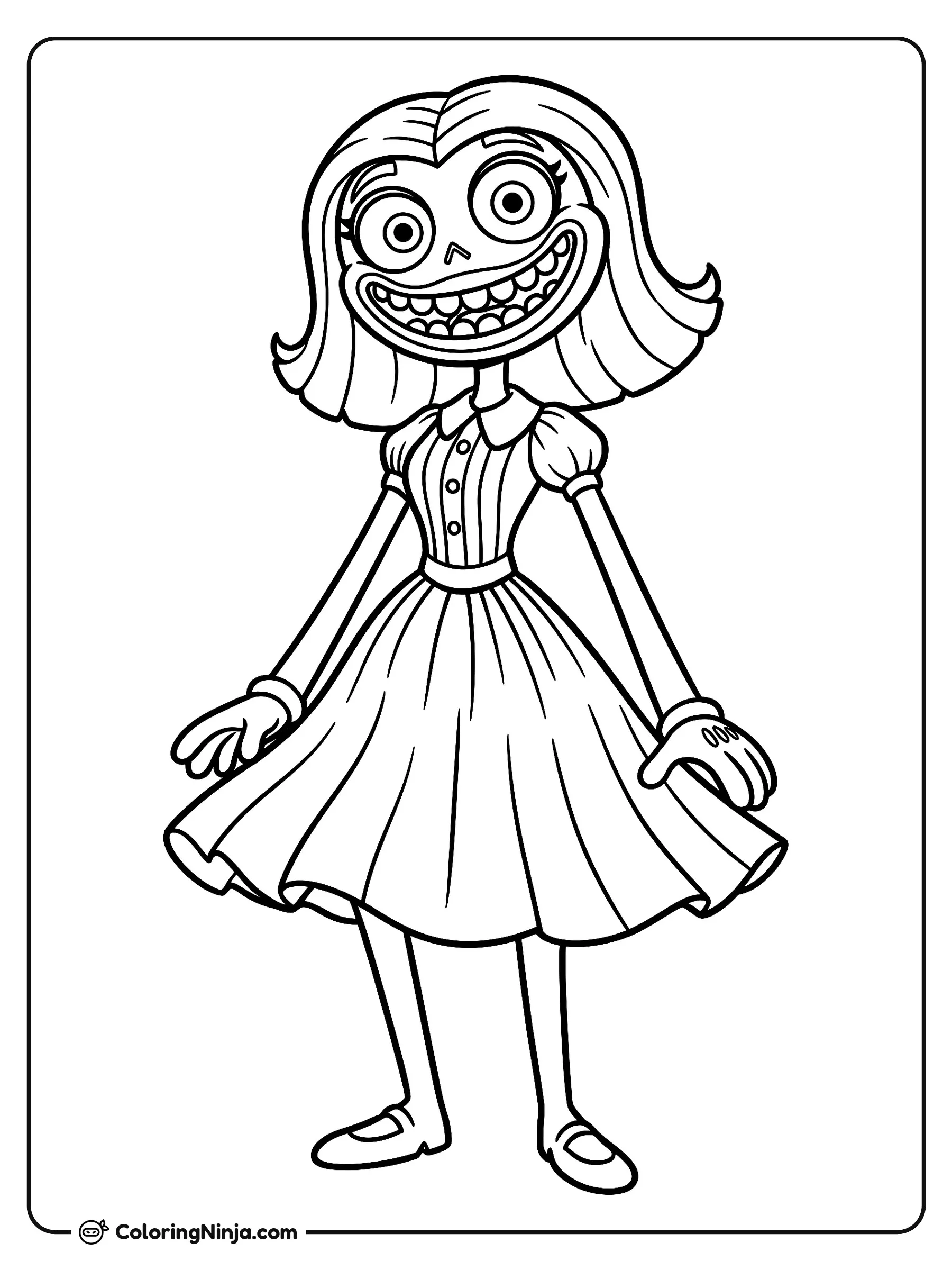 Miss Delight de Cuerpo Entero con Vestido Plisado, dibujo para colorear: Miss Delight luce un vestido plisado con corpiño a rayas, cuello y mangas abullonadas. Tiene ojos grandes, peinado corto hacia afuera y una amplia sonrisa.