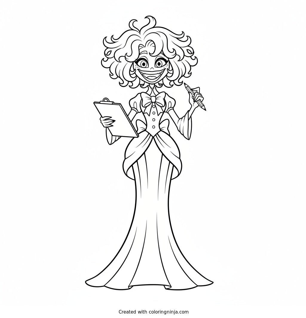 Coloring page of Miss Delight holding a clipboard and pencil