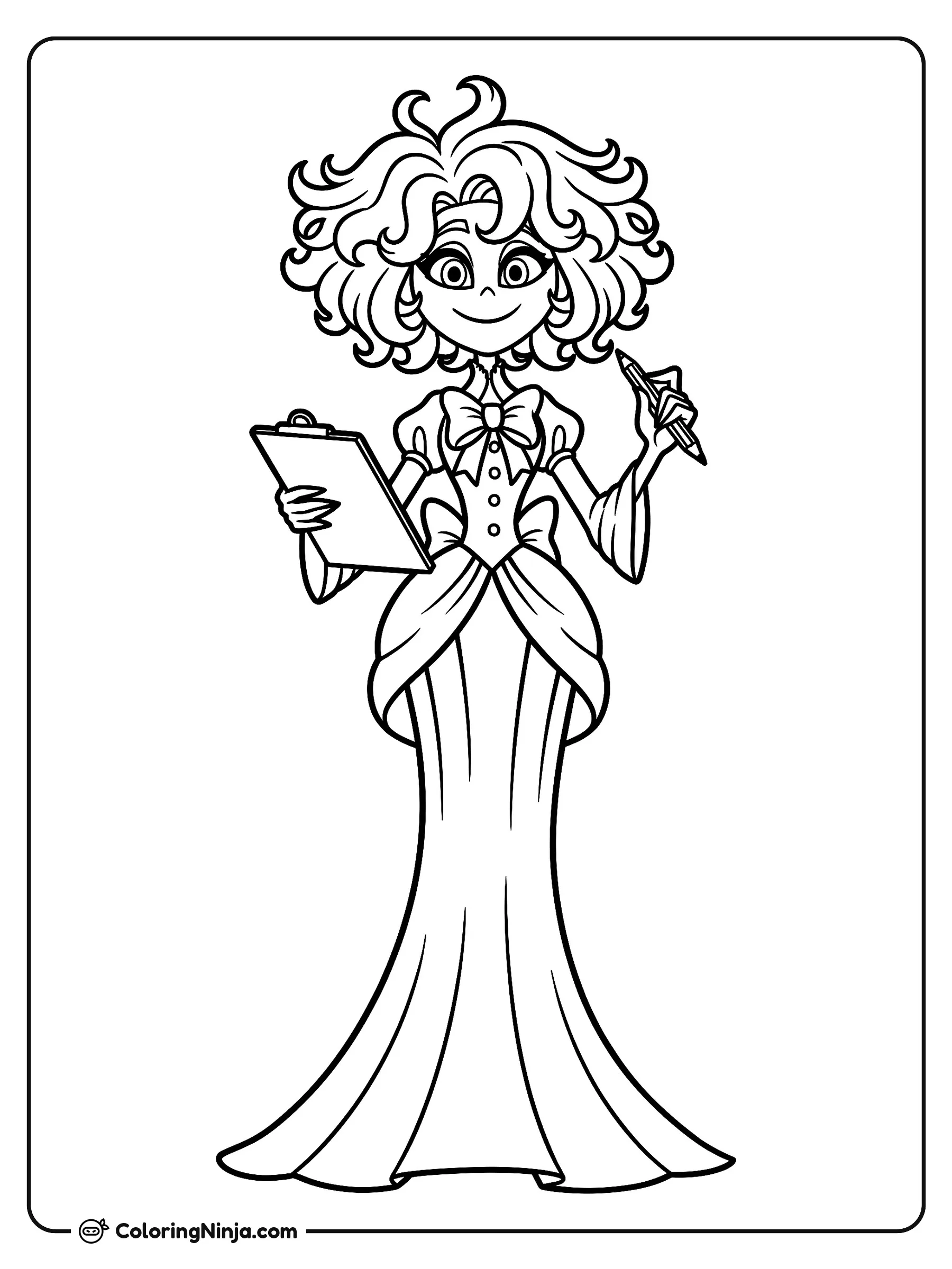 Miss Delight con Tabla de Apoyo y Lápiz, dibujo para colorear: Miss Delight sonríe mientras viste un elegante vestido largo decorado con un moño y botones. Sostiene una tabla de apoyo bajo un brazo y levanta un lápiz con la otra mano.