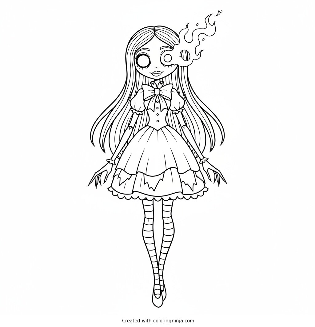 Coloring page of Miss Delight with a spooky glowing eye