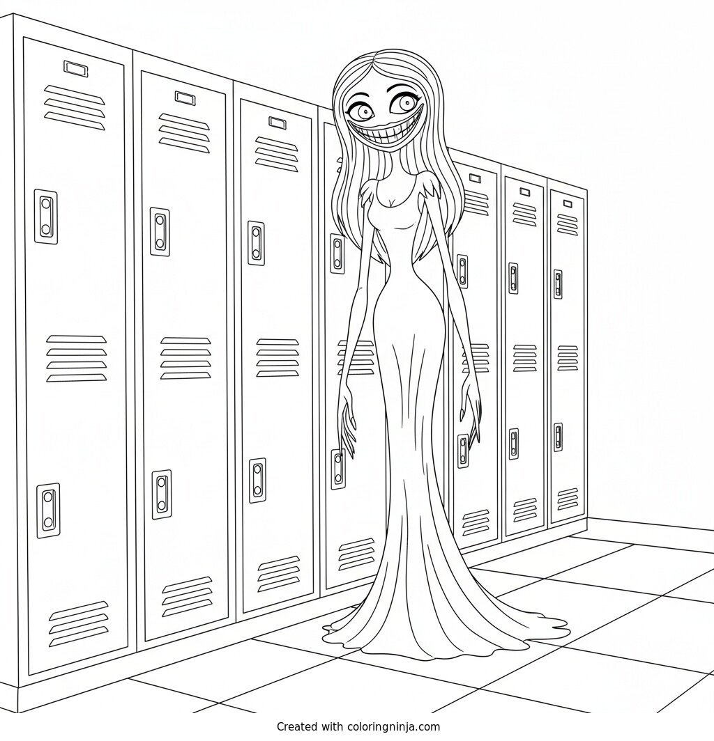 Coloring page of Miss Delight standing next to a school locker