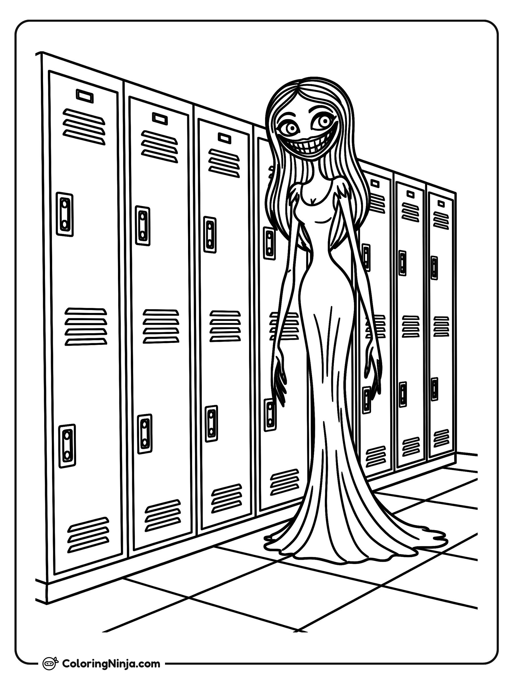 Miss Delight junto a los casilleros escolares: dibujo para colorear