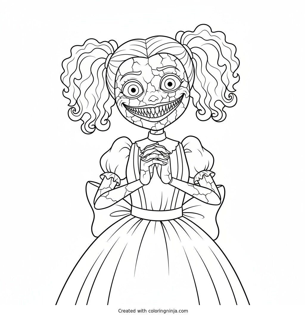Coloring page of Miss Delight, an unsettling porcelain doll character from the horror game Poppy Playtime, with a cracked painted face and a wide creepy grin, hands clasped together