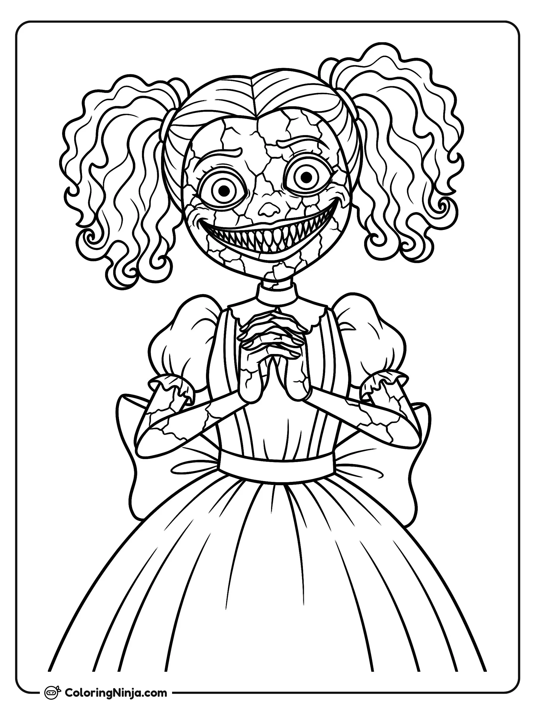 Miss Delight de Poppy Playtime con Manos Juntas, dibujo para colorear: Miss Delight de Poppy Playtime aparece con las manos juntas, peinada con dos coletas rizadas y luciendo un vestido con mangas abombadas.