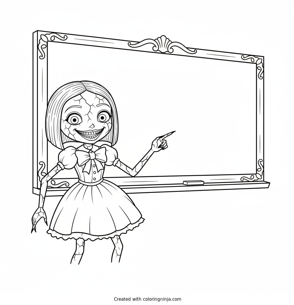 Coloring page of Miss Delight, an unsettling porcelain doll character from the horror game Poppy Playtime, with a cracked painted face and a wide creepy grin, pointing at a classroom chalkboard