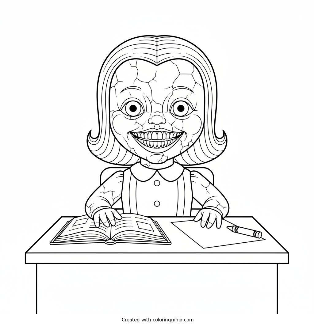 Coloring page of Miss Delight, an unsettling porcelain doll character from the horror game Poppy Playtime, with a cracked painted face and a wide creepy grin, sitting at a teacher's desk with a book