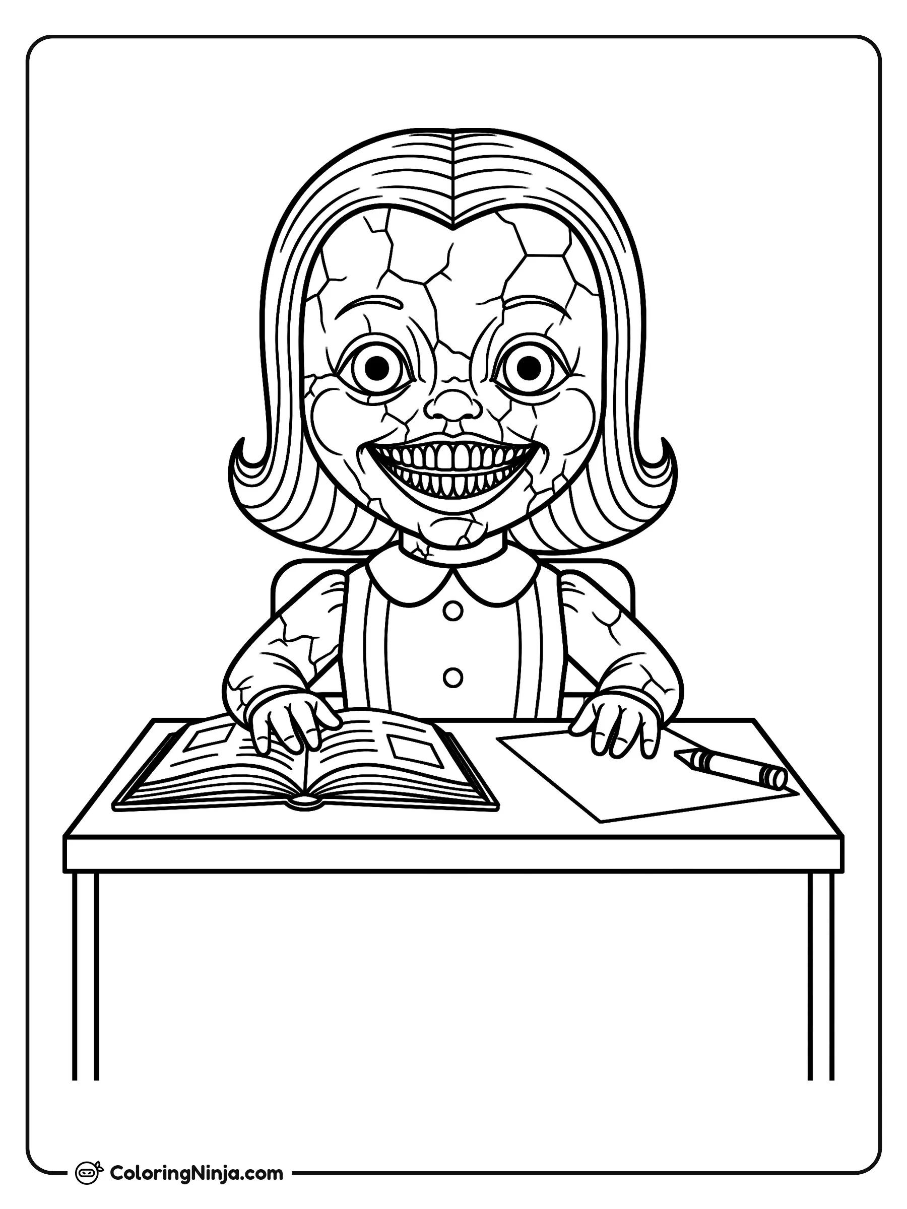 Miss Delight en su escritorio, dibujo para colorear: Miss Delight está sentada detrás de un escritorio escolar con una amplia sonrisa llena de dientes y facciones agrietadas como las de una muñeca.