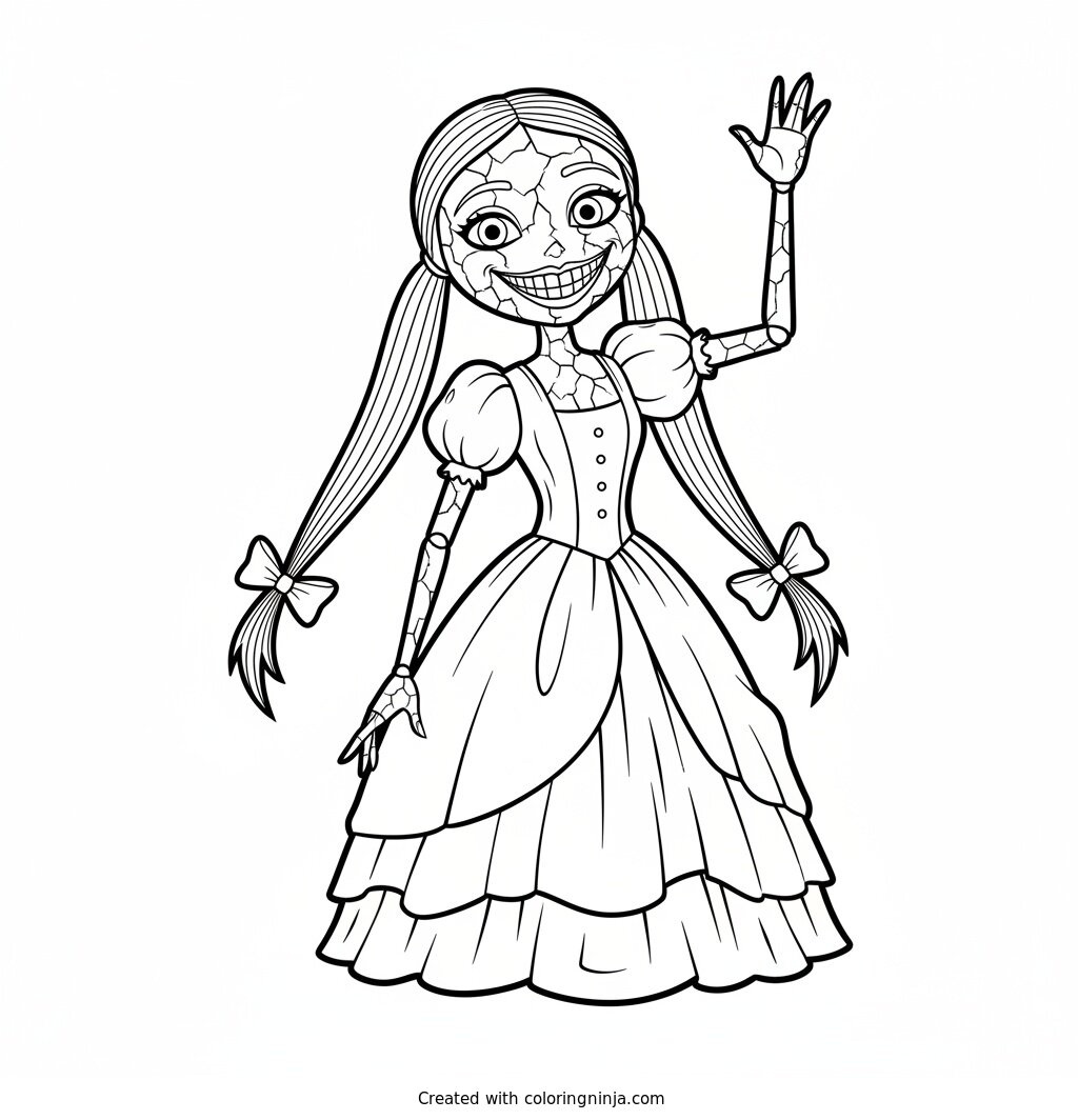 Coloring page of Miss Delight, an unsettling porcelain doll character from the horror game Poppy Playtime, with a cracked painted face and a wide creepy grin, waving hello with long pigtails