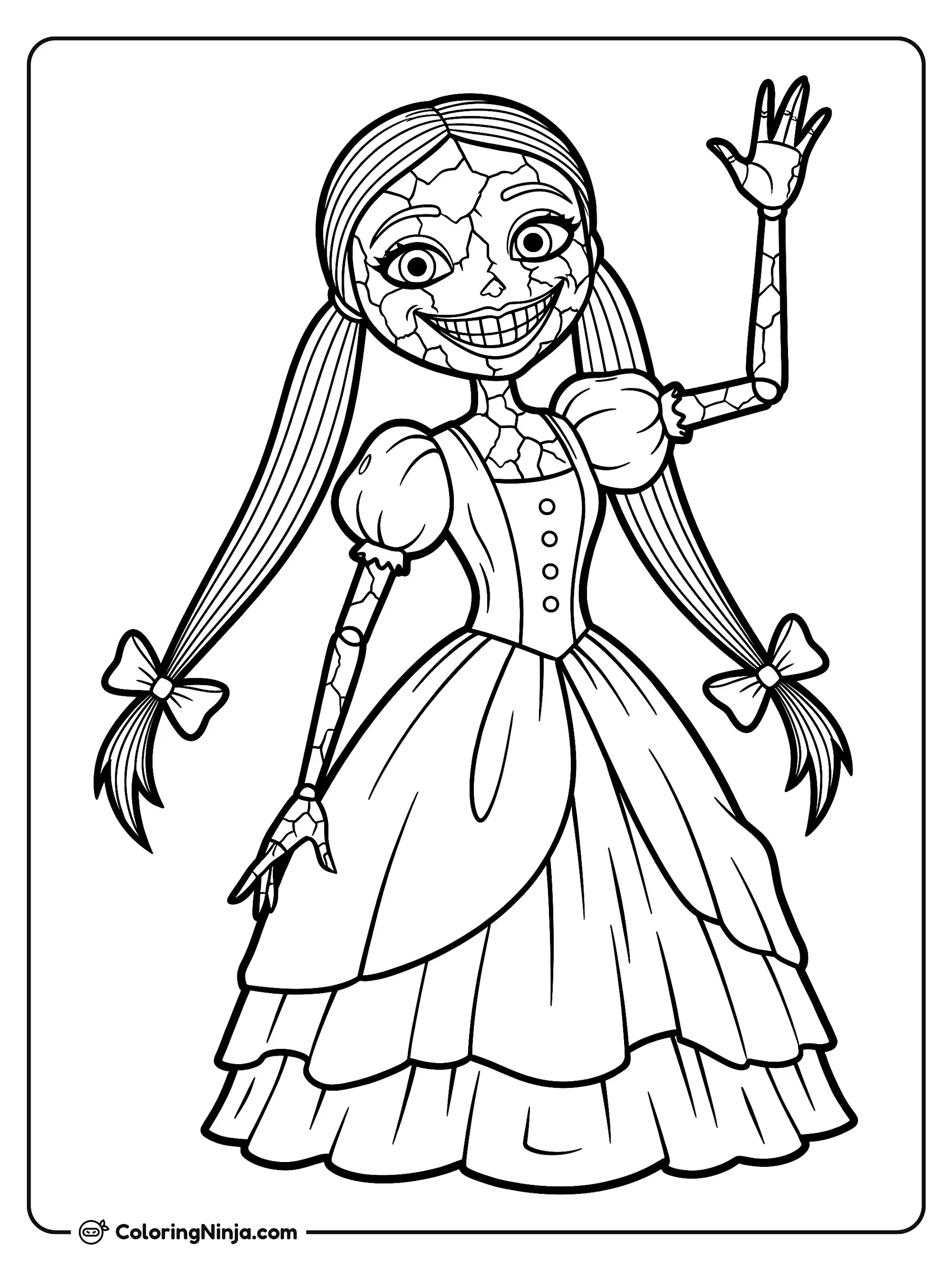 Miss Delight saludando alegremente, dibujo para colorear: Miss Delight aparece sonriendo mientras levanta una mano en un alegre saludo. Lleva un vestido largo de capas con mangas abombadas, botones en el torso y moños en sus largas coletas.
