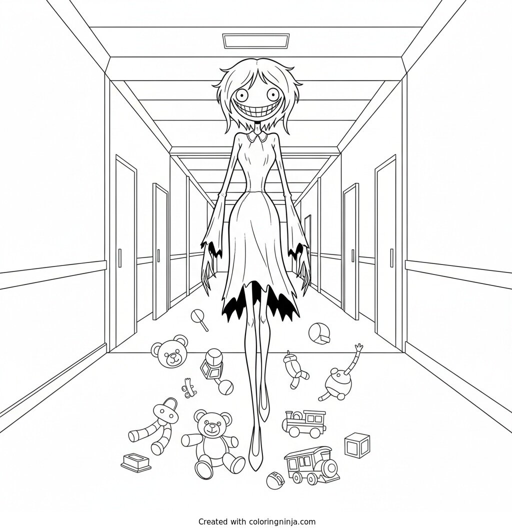 Coloring page of Miss Delight walking down a hallway with toys around her