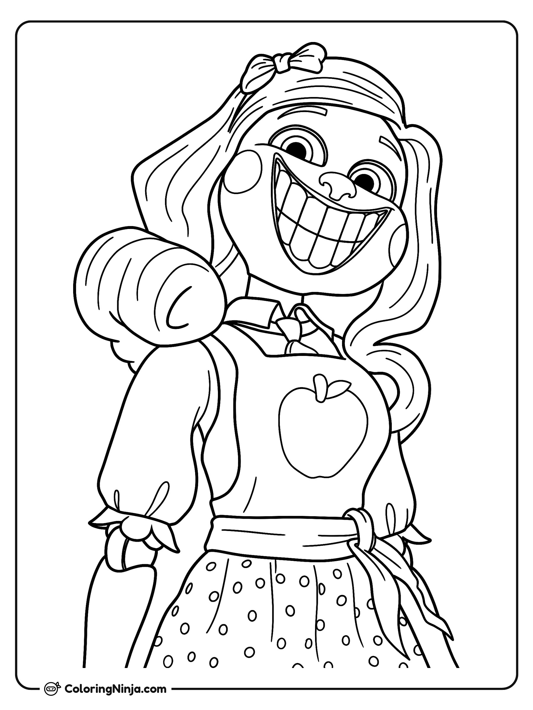 Miss Delight sonriendo con delantal de manzana: dibujo para colorear