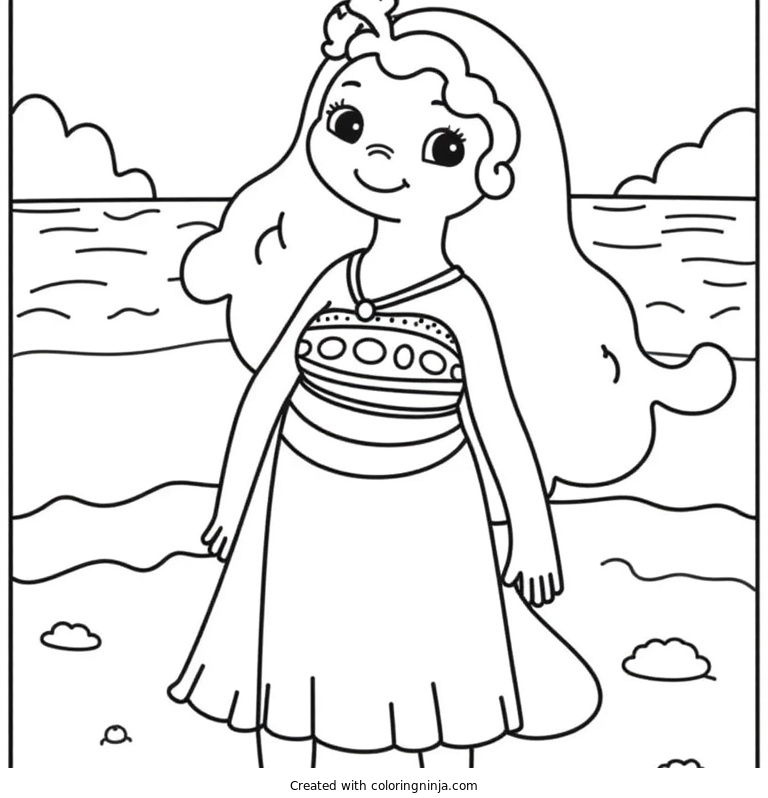 A coloring page of moana on the sea shore