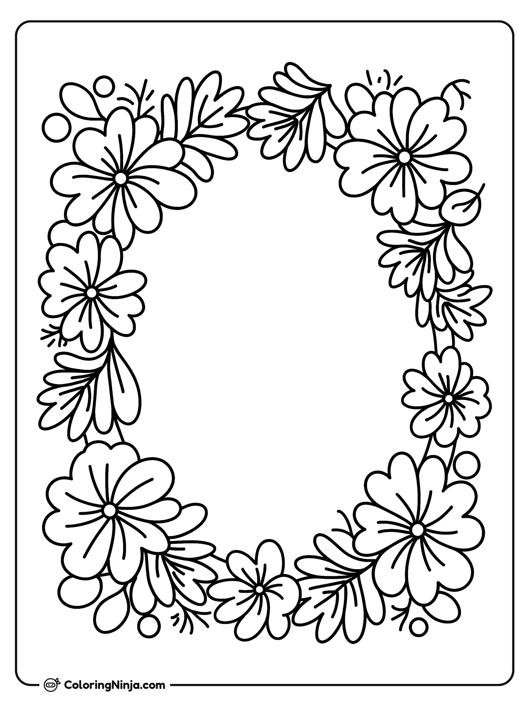 Corona De Flores Y Marco Decorativo, dibujo para colorear: Una hermosa corona decorativa de forma ovalada muestra flores abiertas, ramas con hojas y pequeñas bayas rodeando un espacio central.