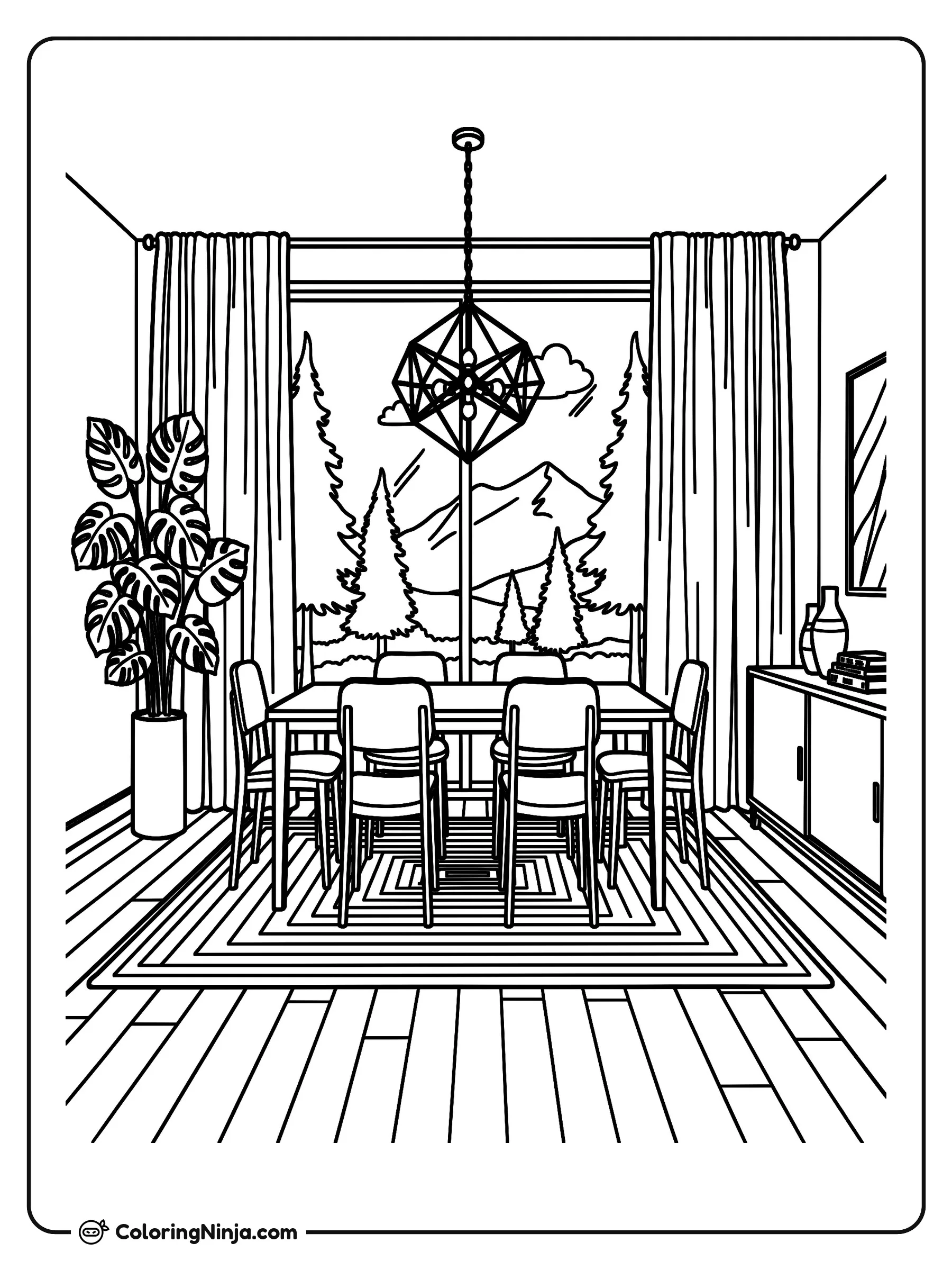 Un comedor moderno y acogedor, dibujo para colorear: Una mesa de madera con seis sillas se encuentra sobre una alfombra geométrica en un acogedor comedor moderno.