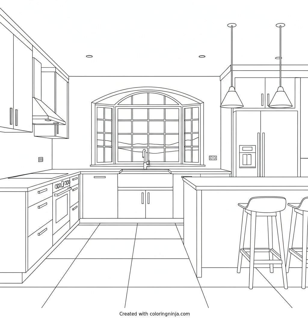 A Cozy Modern Kitchen Coloring Page