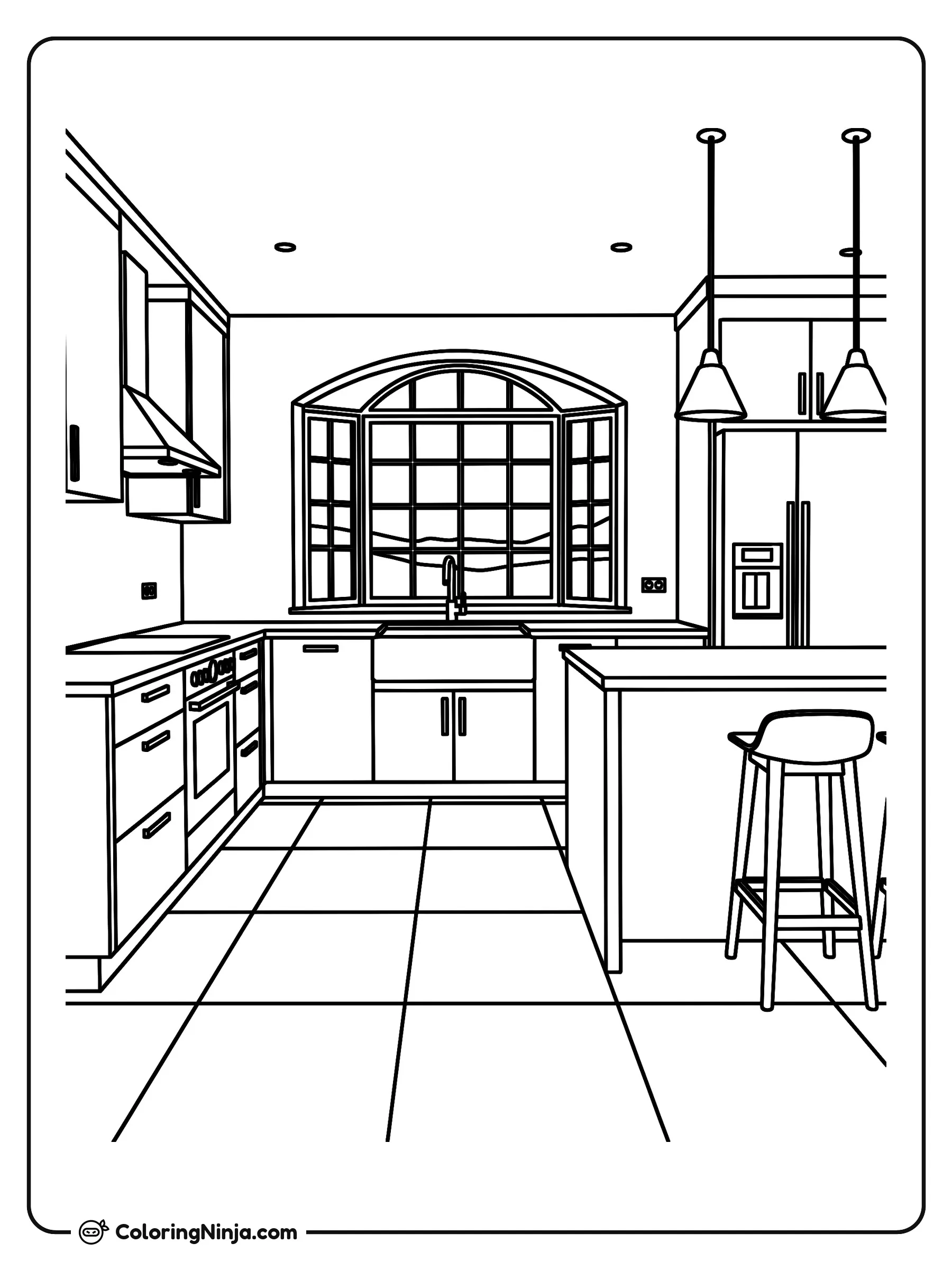 Una cocina moderna y acogedora, dibujo para colorear: Una amplia cocina moderna que cuenta con una gran ventana arqueada sobre el fregadero principal.