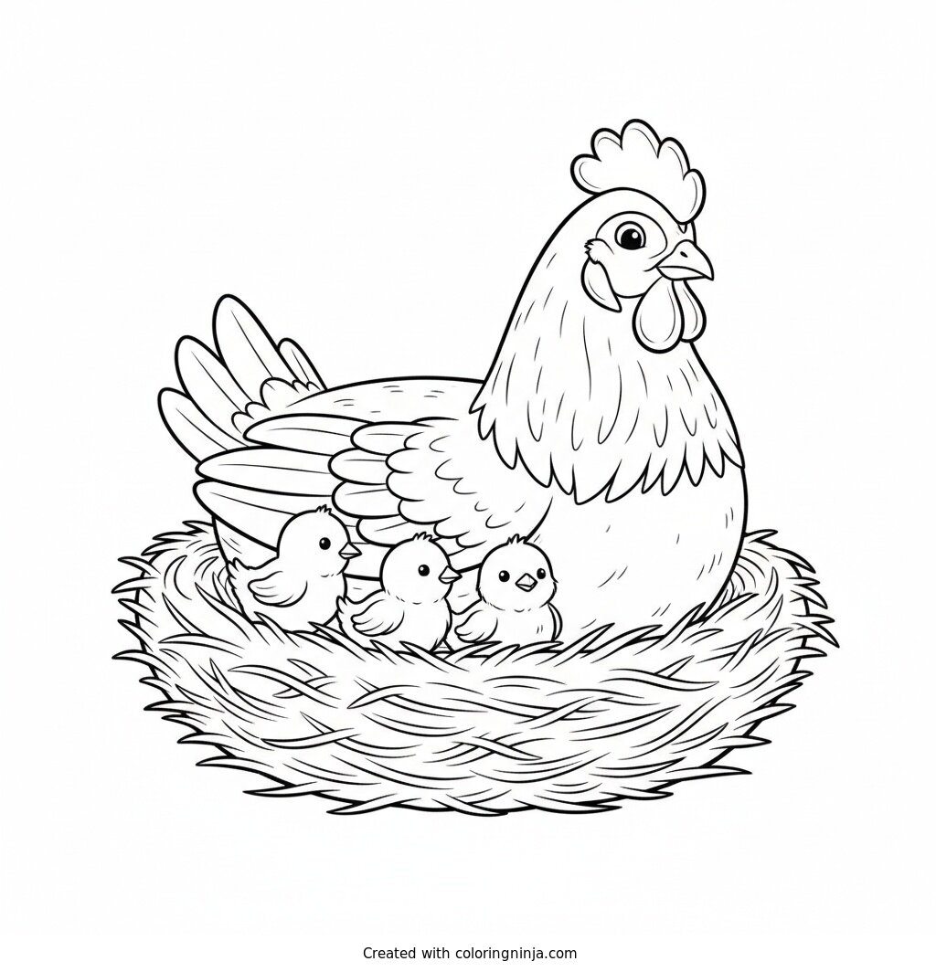 Mother Hen and Her Chicks Coloring Page