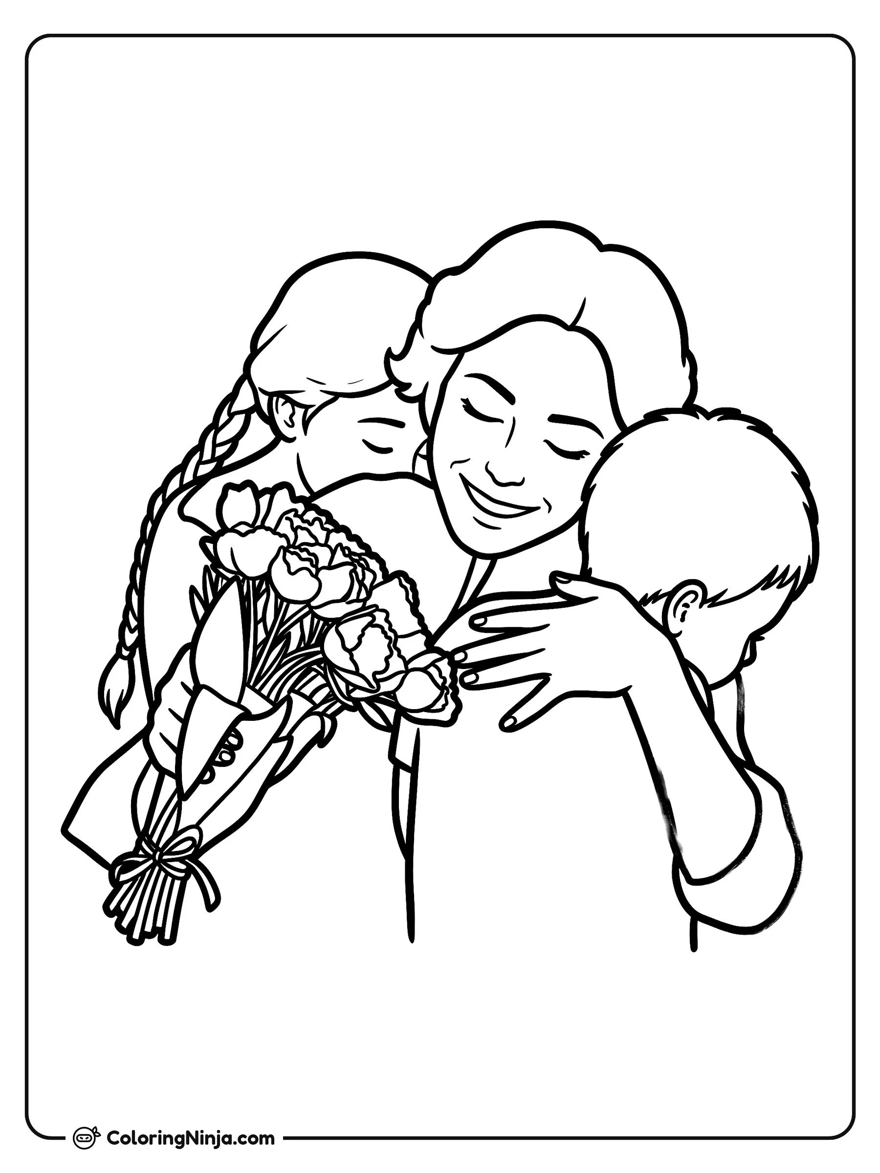 Mamá abrazando a sus hijos con ramo, dibujo para colorear: Una madre sonriente comparte un cálido abrazo con sus dos hijos para celebrar su día.