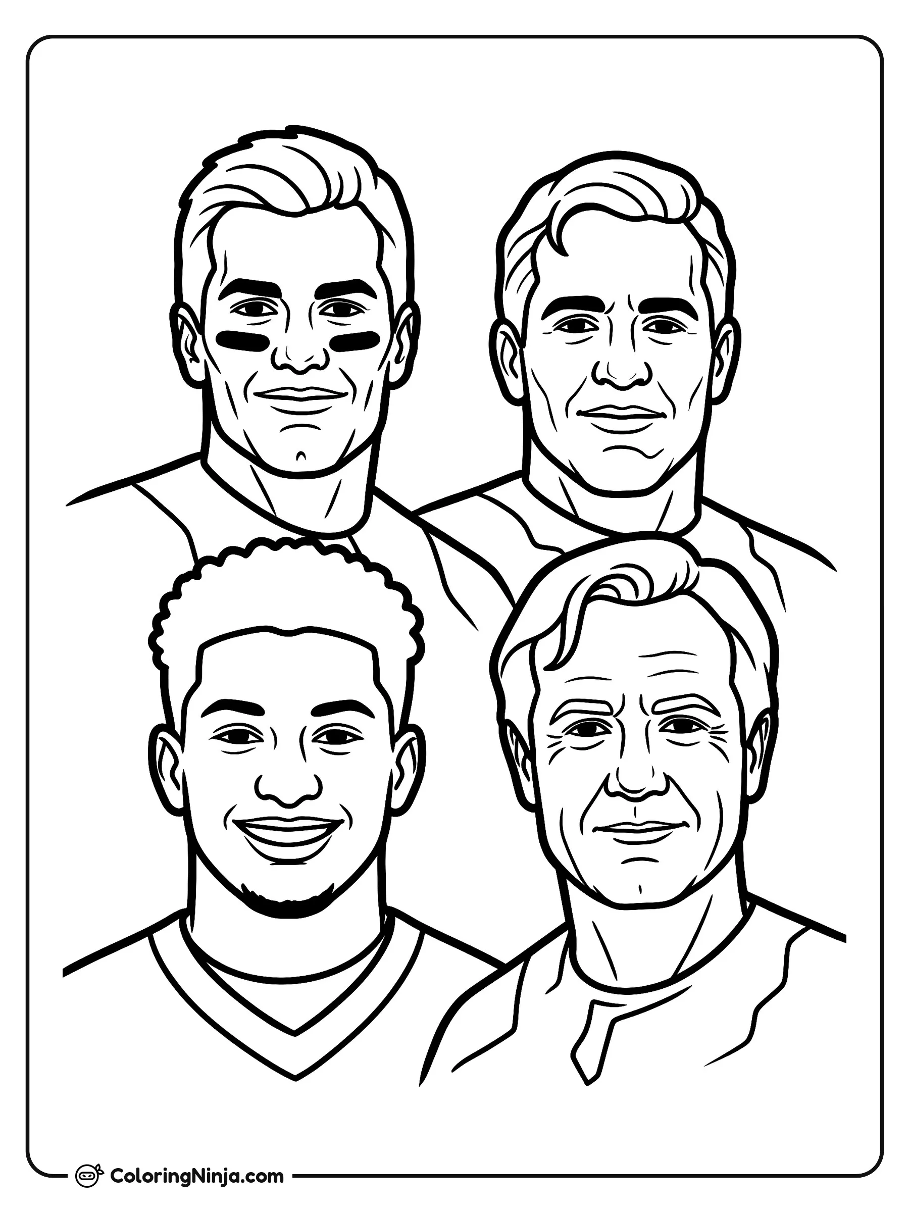 Leyendas de Quarterbacks de Fútbol Americano, dibujo para colorear: Cuatro icónicos mariscales de campo posan juntos en retratos de primer plano mostrando sus peinados y jerseys. Cada atleta sonríe y uno de ellos lleva franjas negras en las mejillas.