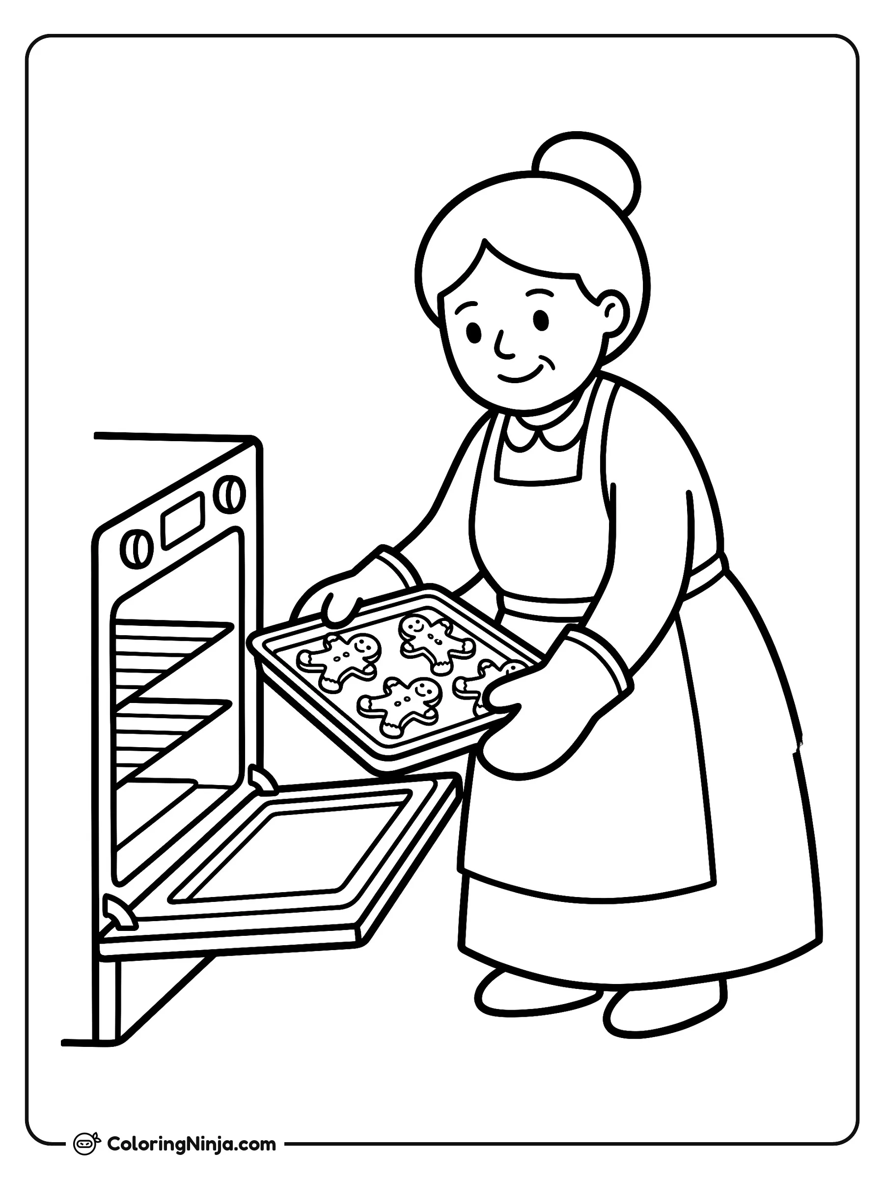 Mrs. Claus Baking Treats Coloring Page: Mrs. Claus stands in a cozy kitchen holding a baking sheet filled with gingerbread men figures. Her apron features patch pockets and simple flower patterns.