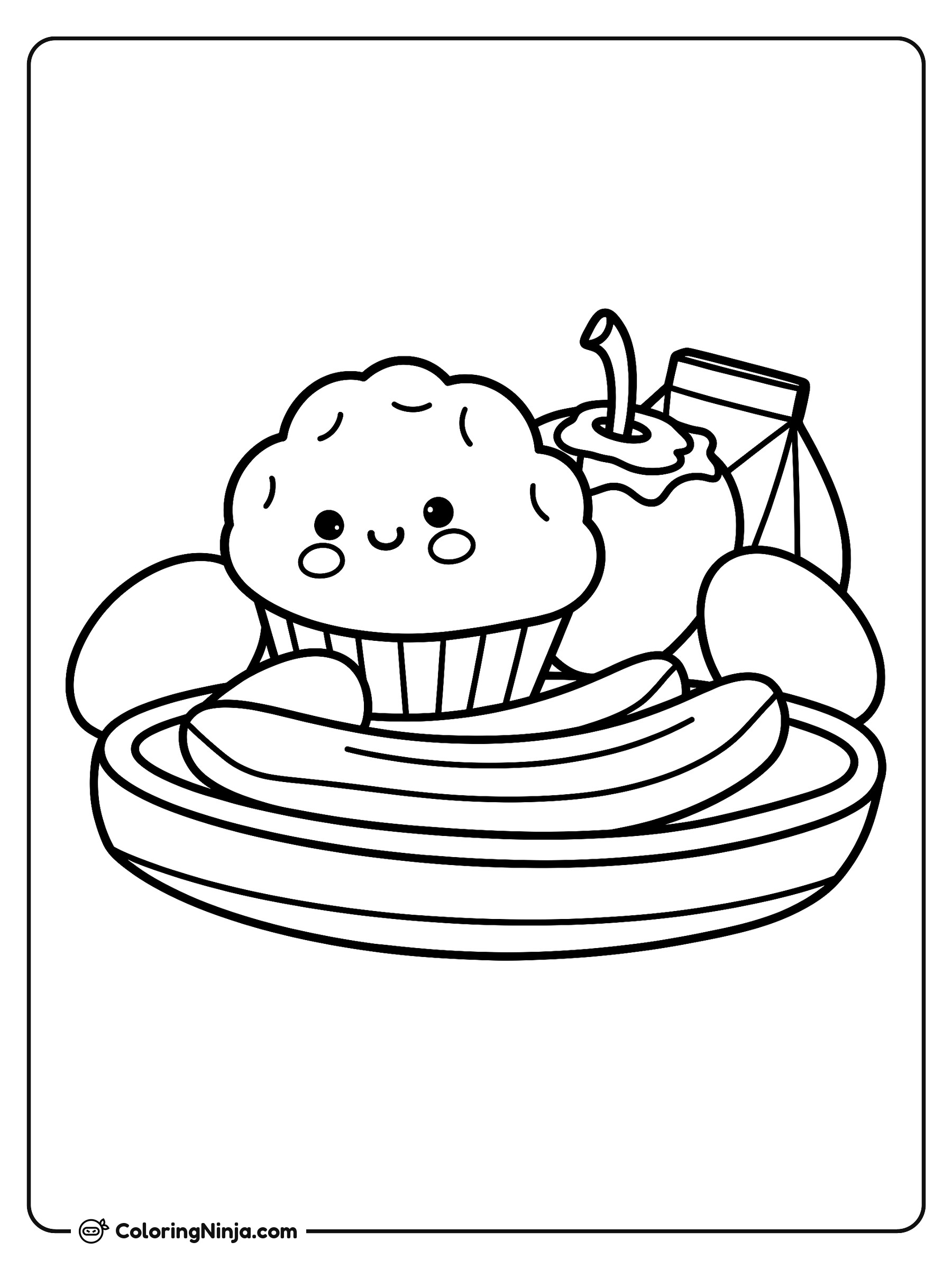 Muffin, Manzana, Plátano y Alimentos de Desayuno: dibujo para colorear