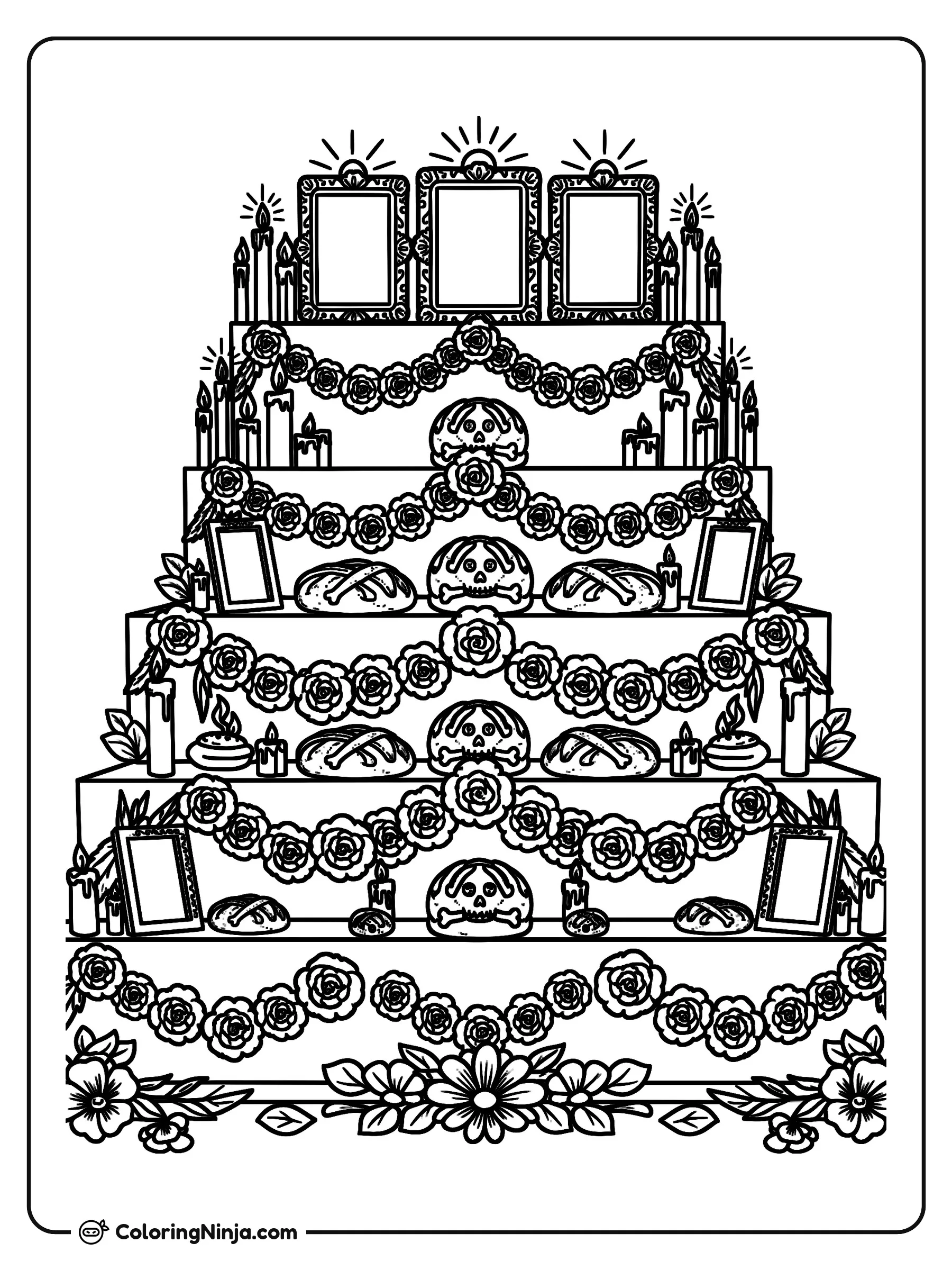 Altar u Ofrenda Tradicional de Muertos, dibujo para colorear: Un altar tradicional de varios niveles se encuentra lleno de elementos festivos para la celebración del Día de Muertos.