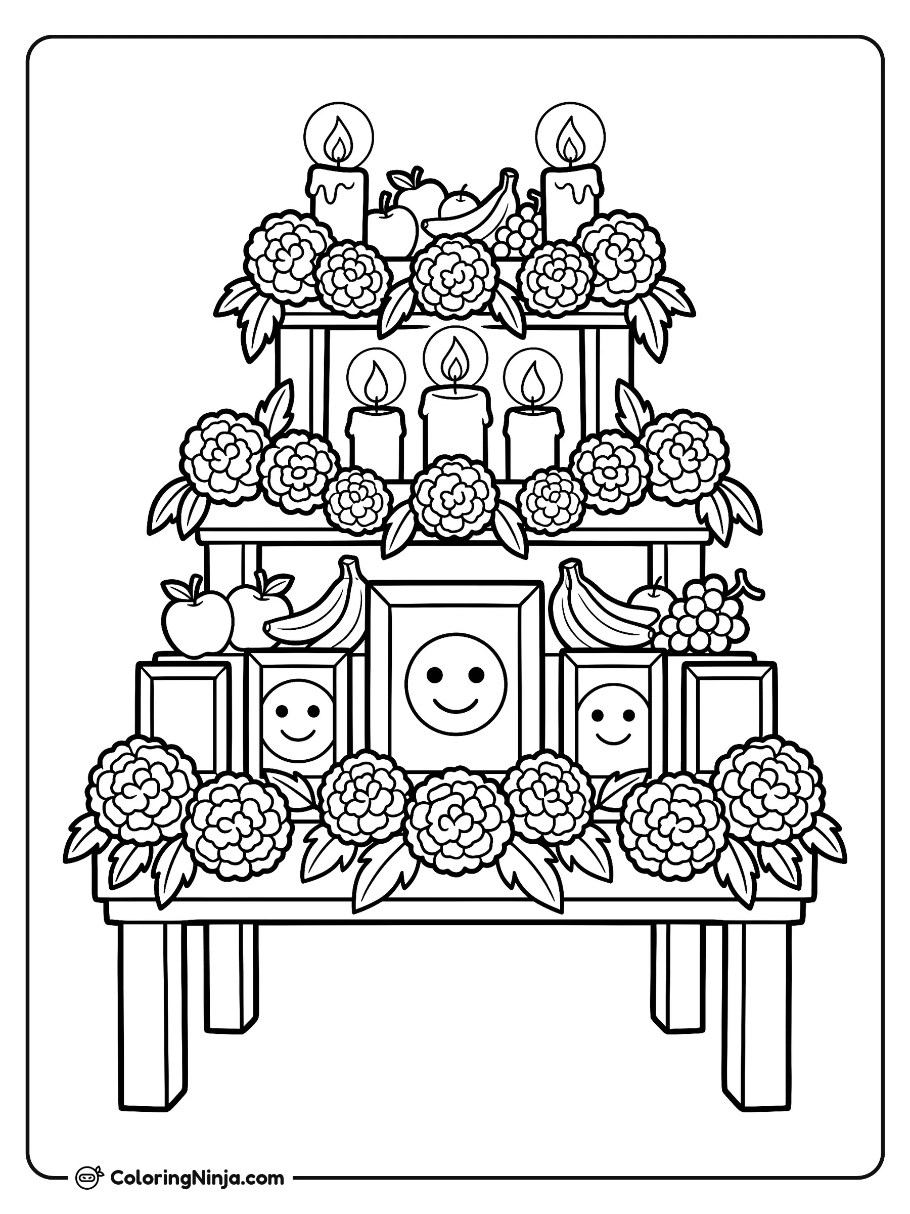 Tiered Festival Ofrenda Table Coloring Page: This scene displays a three-tiered wooden altar covered in decorative cloth, blank picture frames, small burning candles, and bowls of fruit.
