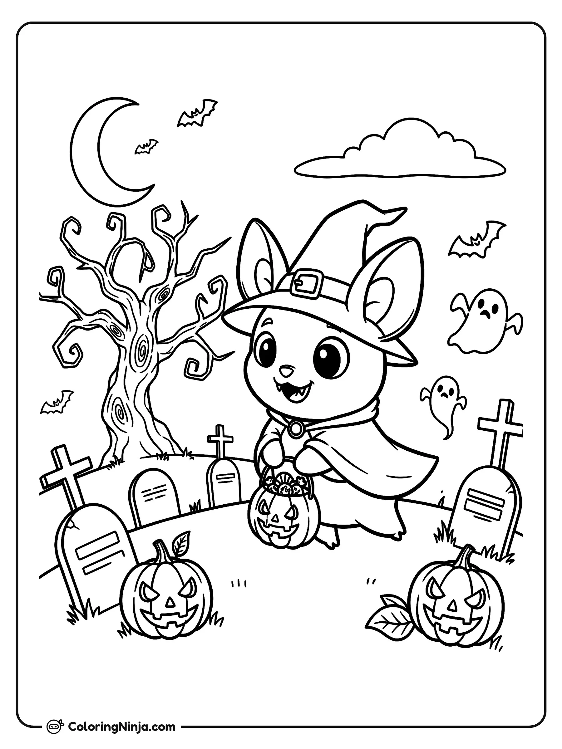 Lindo murciélago de Halloween en el cementerio, dibujo para colorear: Un tierno murciélago disfrazado de brujo camina por un cementerio encantado mientras lleva una cubeta de calabaza llena de dulces.
