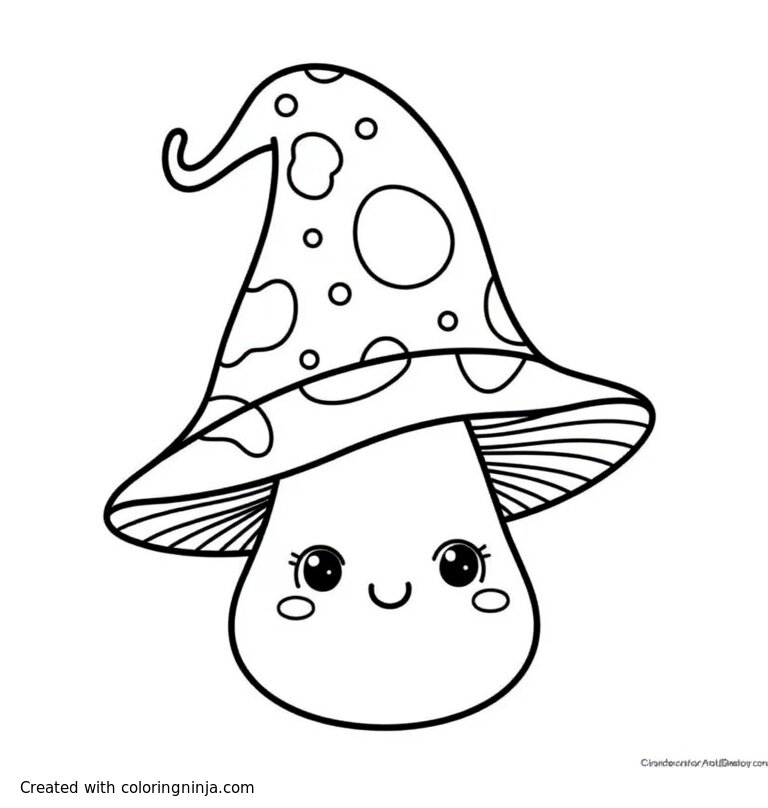 A coloring page of a mushroom with face and witch hat
