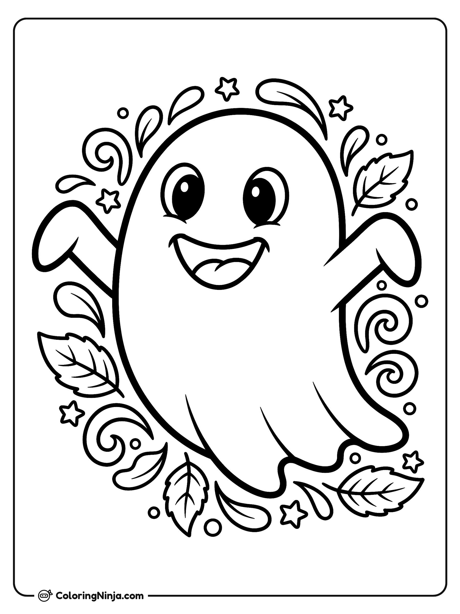 Un fantasma amigable con hojas y estrellas: dibujo para colorear