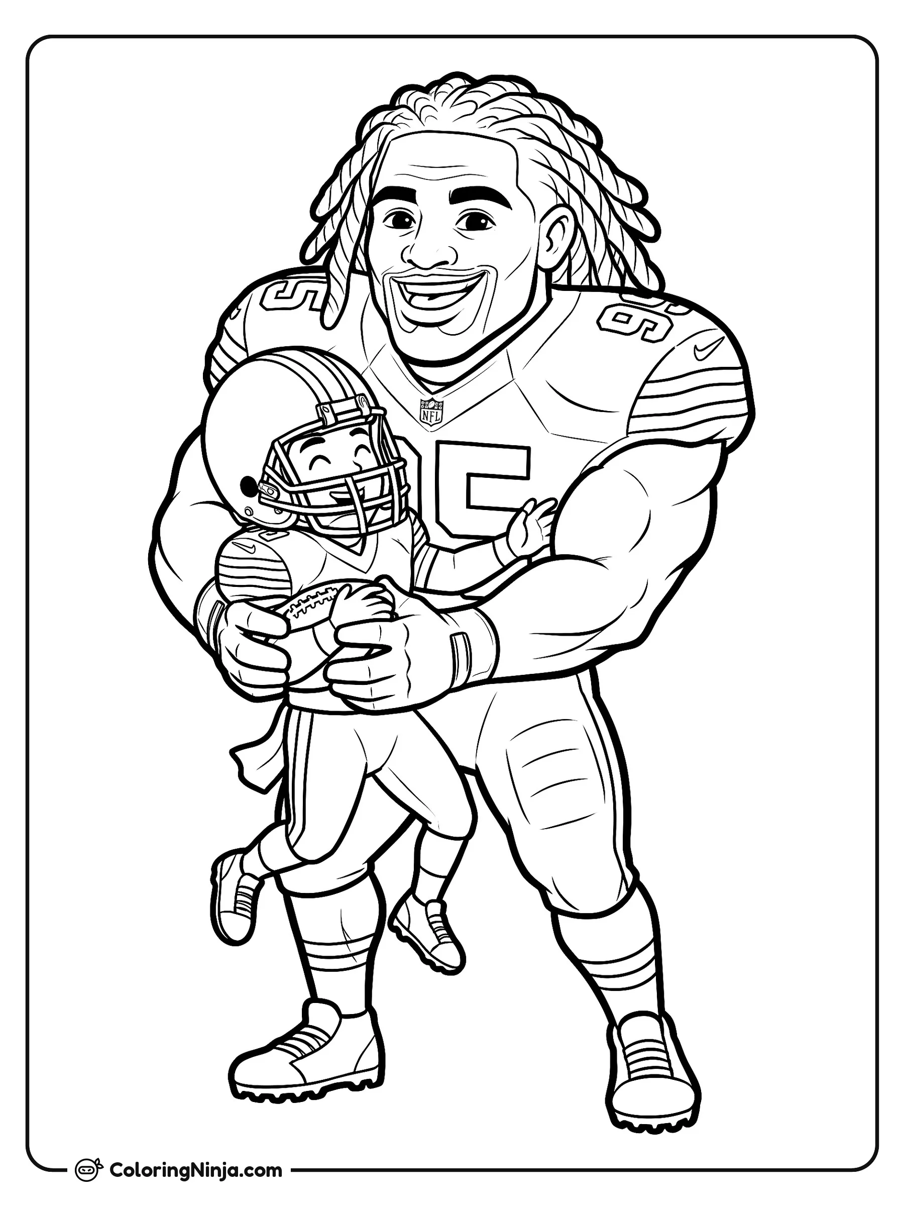Captura de Myles Garrett en dibujo animado, dibujo para colorear: La estrella del fútbol americano Myles Garrett sonríe amablemente mientras abraza a un mariscal de campo más pequeño con casco y balón.