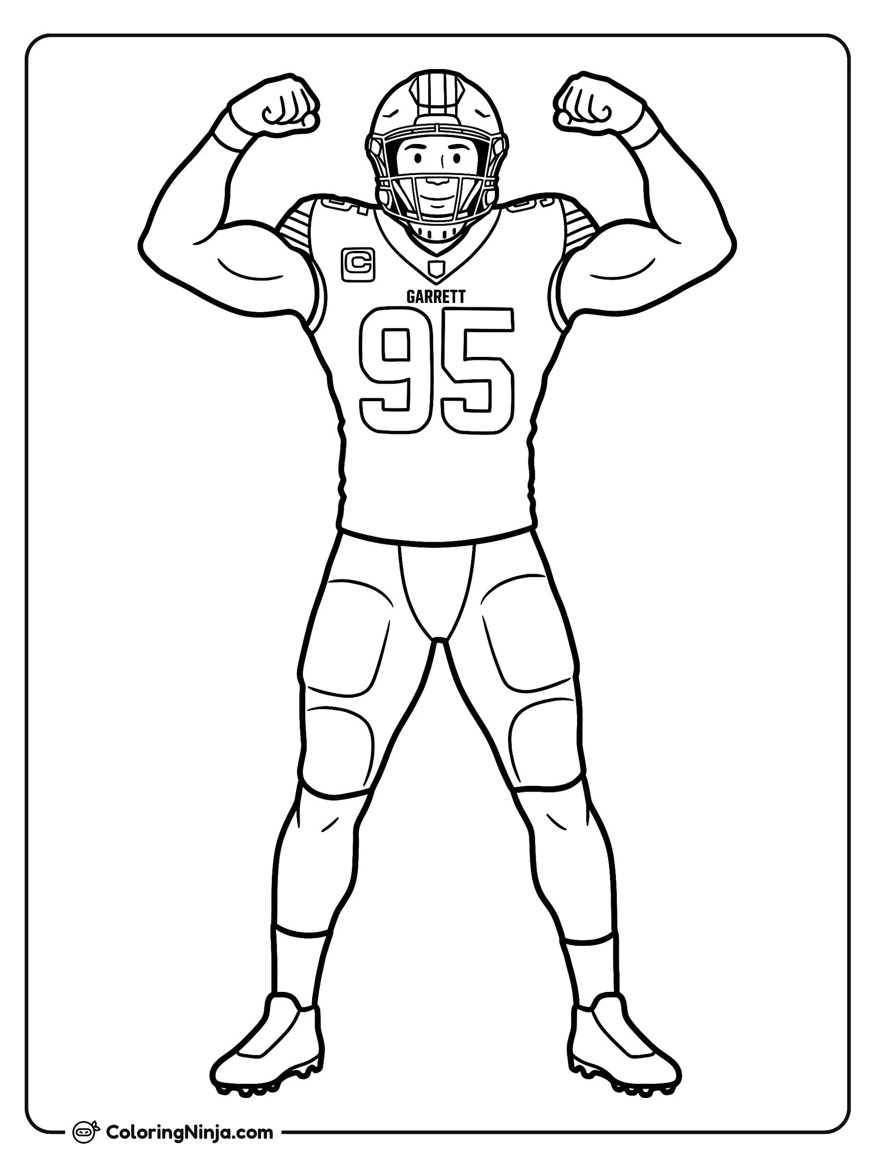 Pose de victoria de Myles Garrett, dibujo para colorear: El jugador de fútbol americano Myles Garrett posa victorioso mostrando sus músculos con los brazos en alto. Lleva su uniforme completo con casco, tacos y el número 95 en el emparrillado.