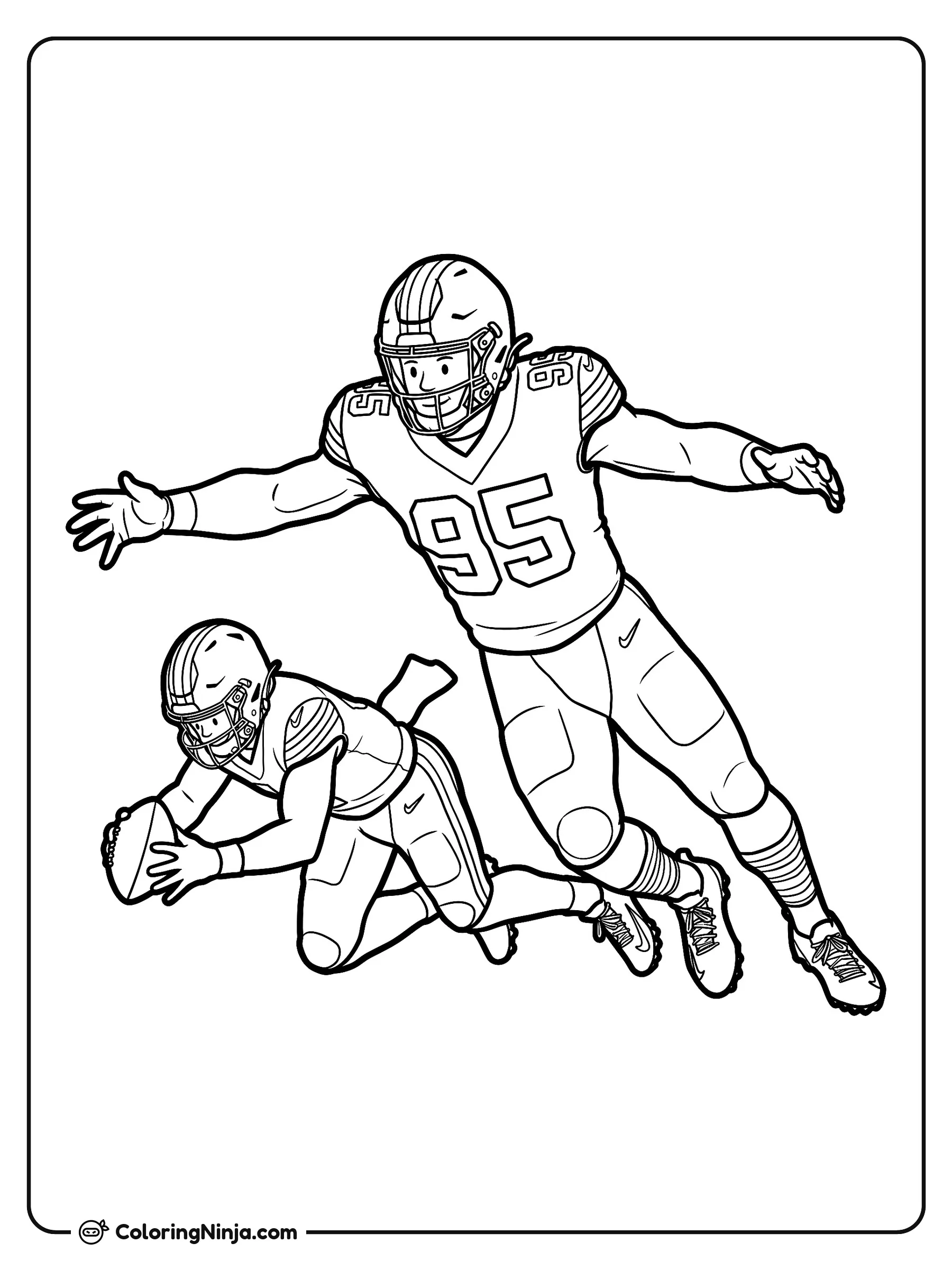 Myles Garrett en plena jugada de fútbol americano, dibujo para colorear: El jugador de fútbol americano Myles Garrett, con el número 95 en su uniforme, se estira para taclear a un rival que cae hacia adelante con el balón.