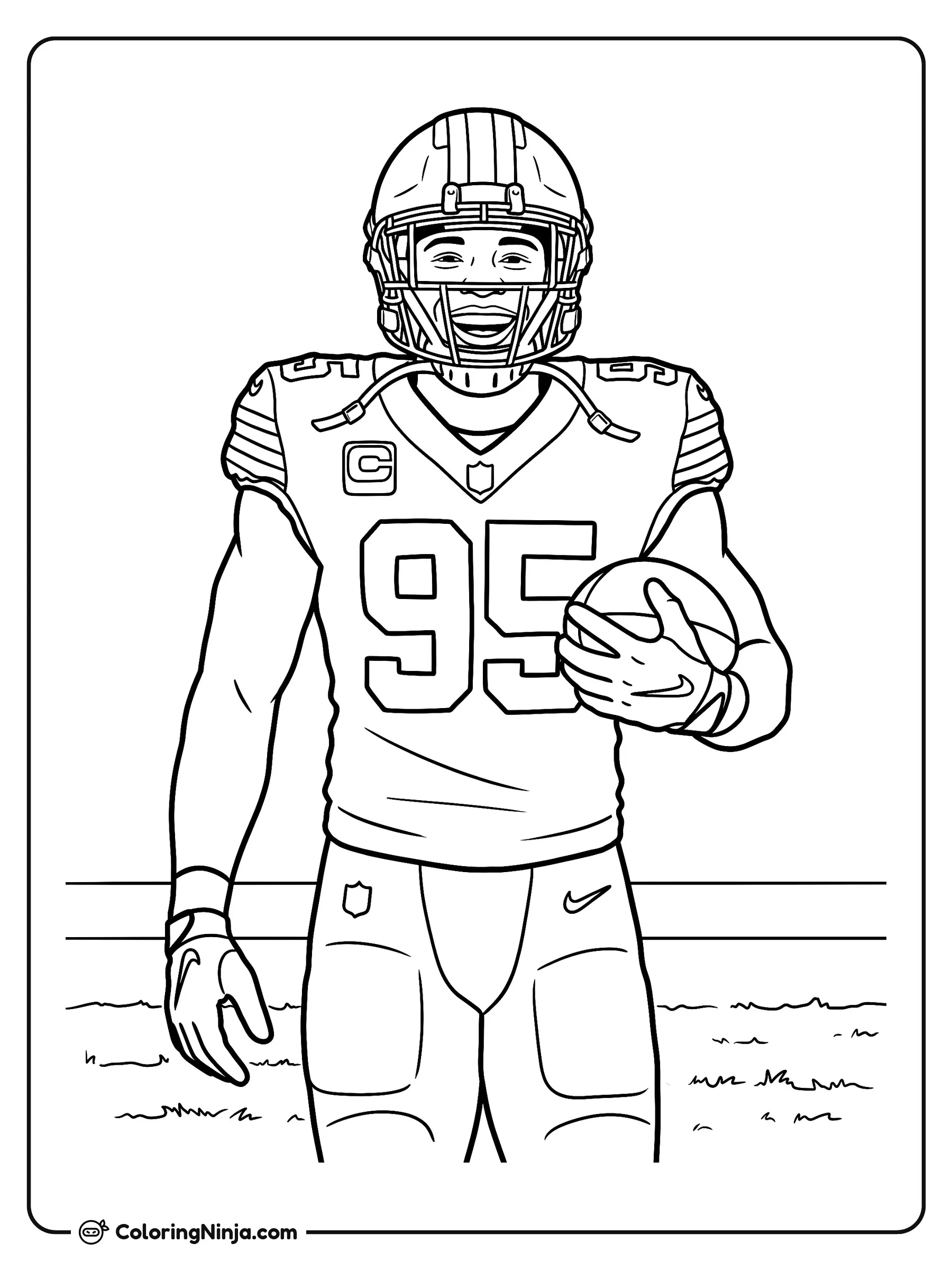 Sonrisa de Myles Garrett en el campo, dibujo para colorear: El jugador de fútbol americano Myles Garrett sonríe alegremente en el campo de juego mientras viste su uniforme completo, casco y guantes.