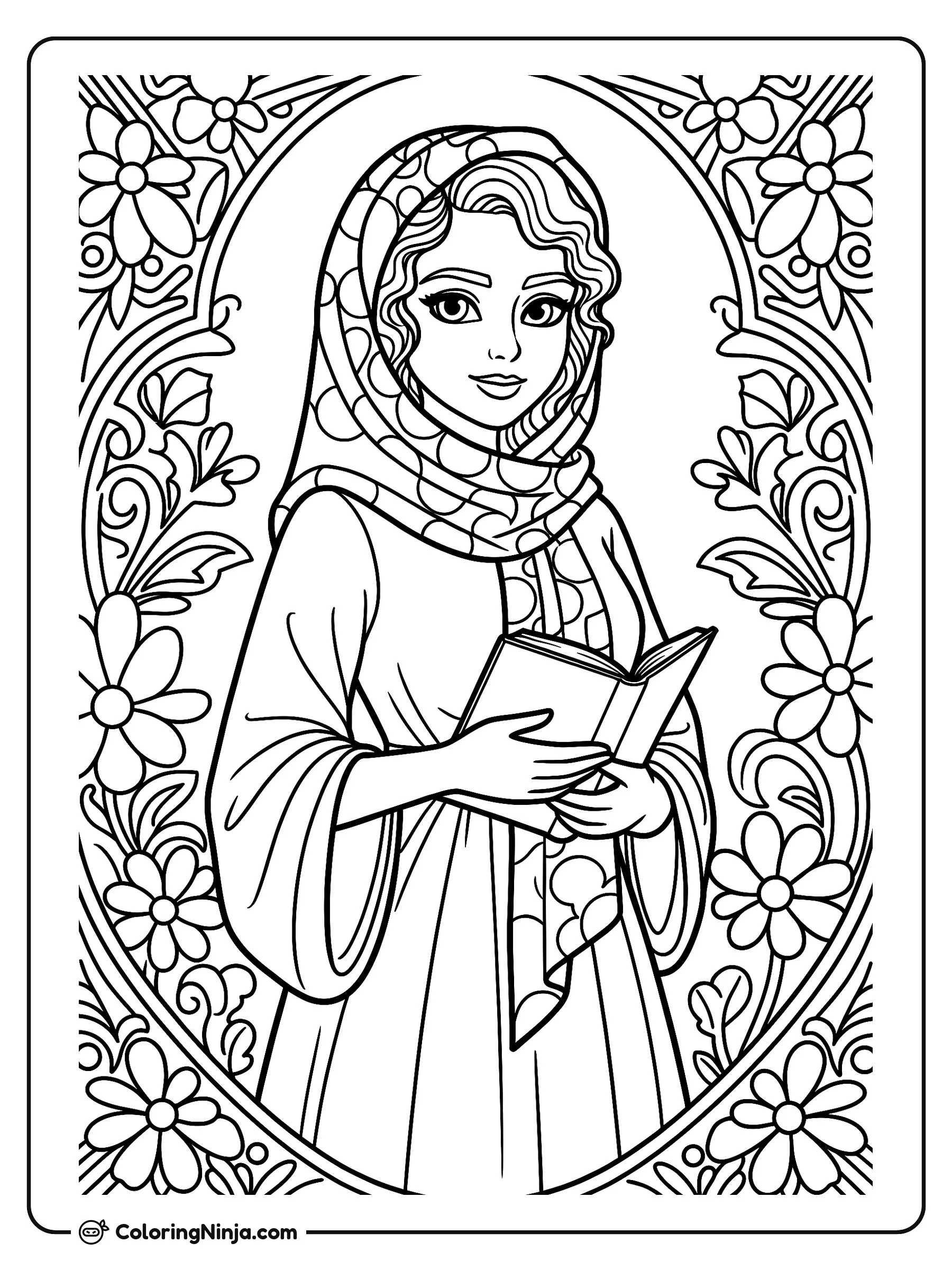 Un hermoso patrón floral, dibujo para colorear: Una joven con una túnica larga y un velo estampado sostiene un libro abierto entre las manos. A su alrededor se extiende un marco decorativo lleno de flores en flor y enredaderas.