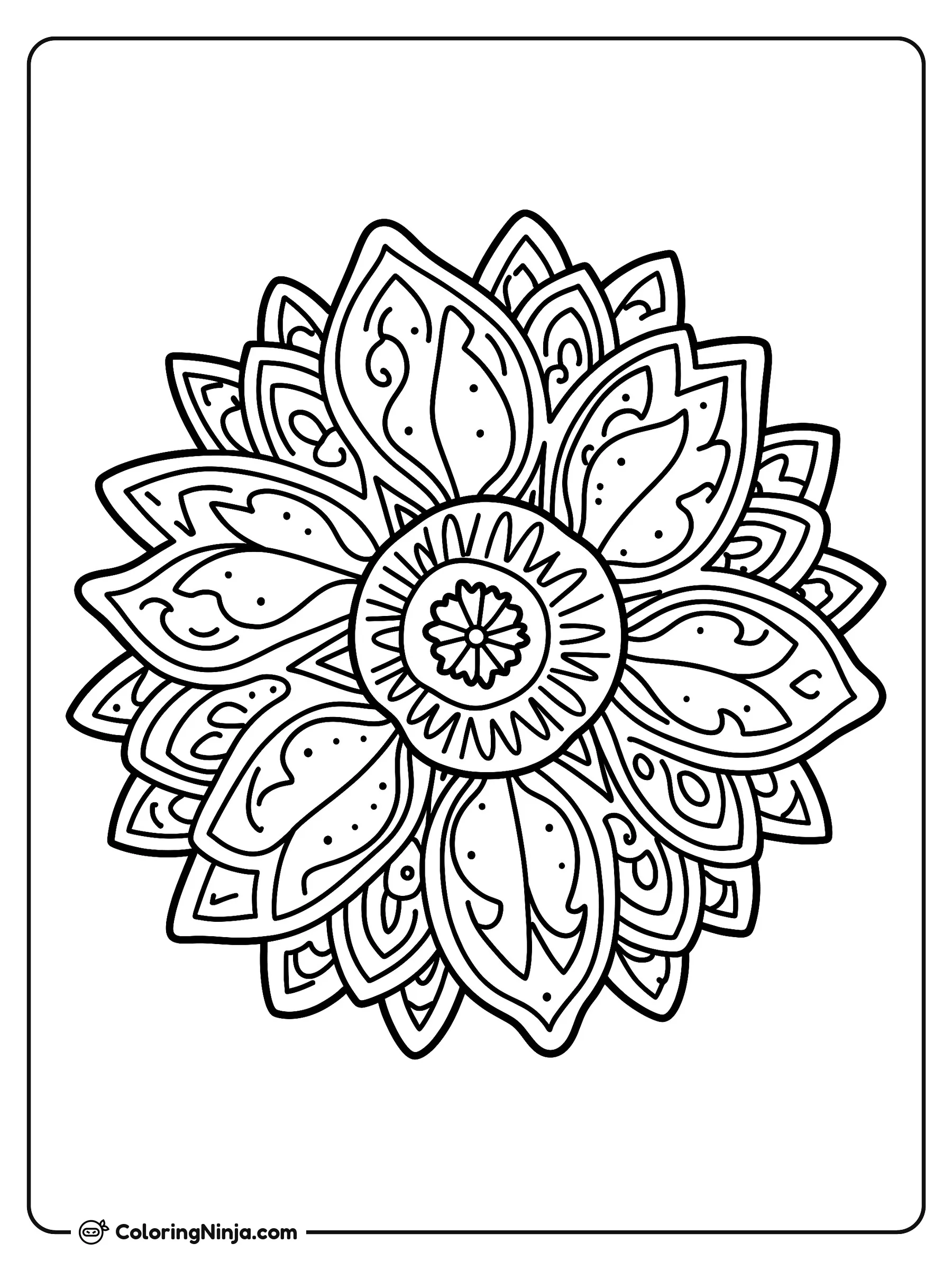 Patrón de mandala floral detallado, dibujo para colorear: Un intrincado mandala floral presenta una pequeña flor central rodeada de anillos decorativos y capas de pétalos puntiagudos.